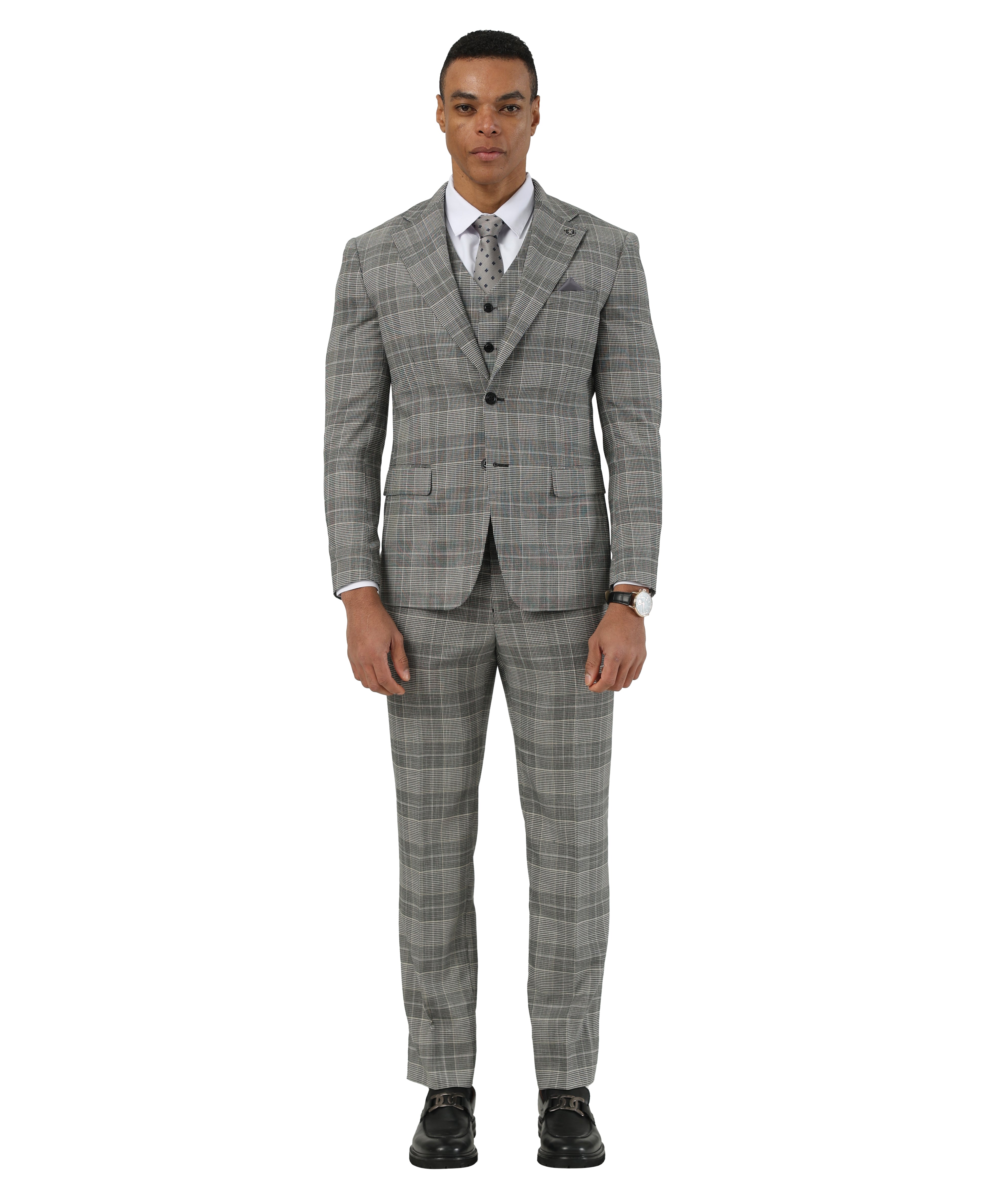 Men's Hybrid-Fit Notch Lapel Checkered Glen Plaid 3pc Suit Set