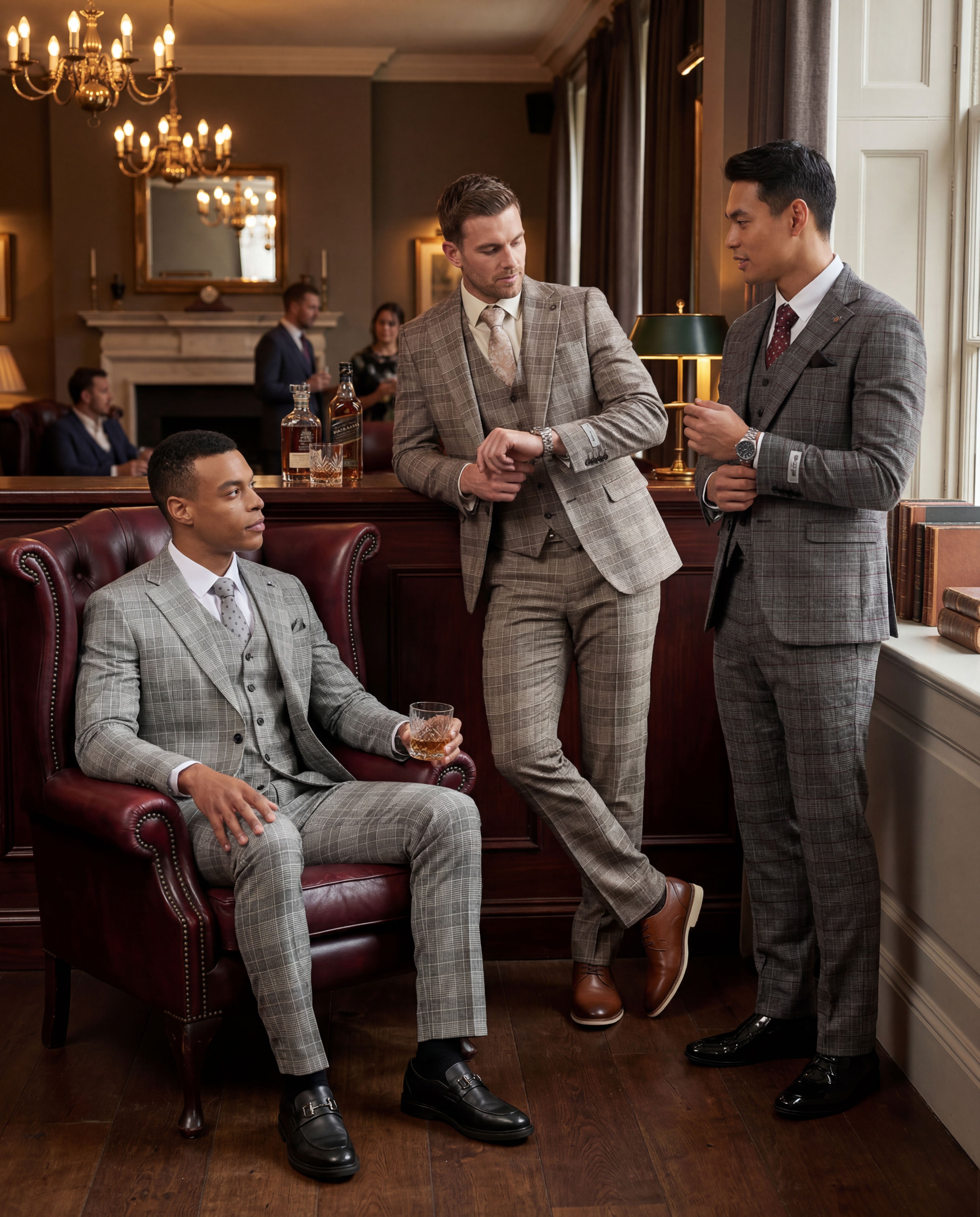 Men's Hybrid-Fit Notch Lapel Checkered Glen Plaid 3pc Suit Set