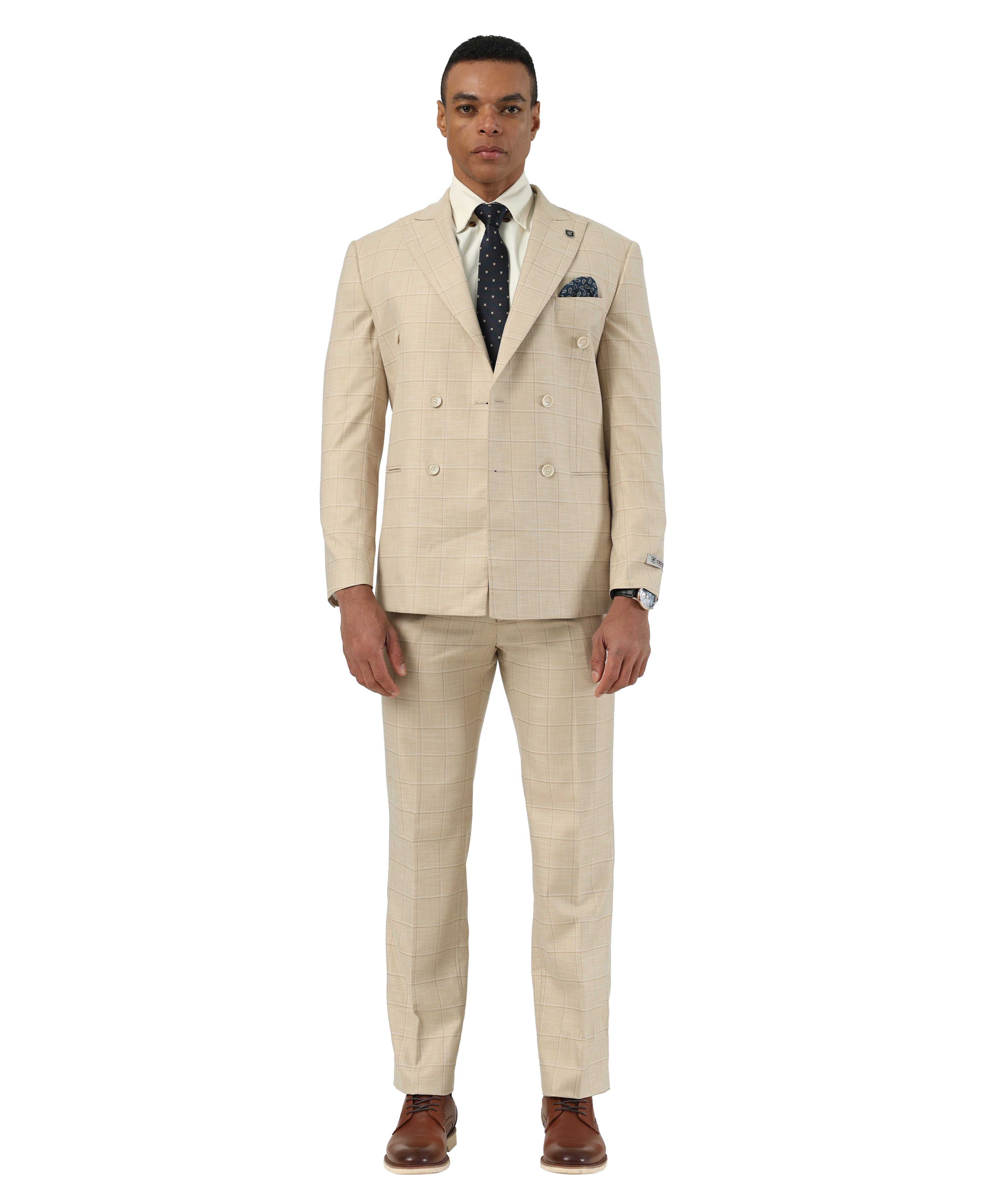 Men's Hybrid-Fit 2pc Windowpane Suit Set – Double-Breasted & Wide Peak Lapel