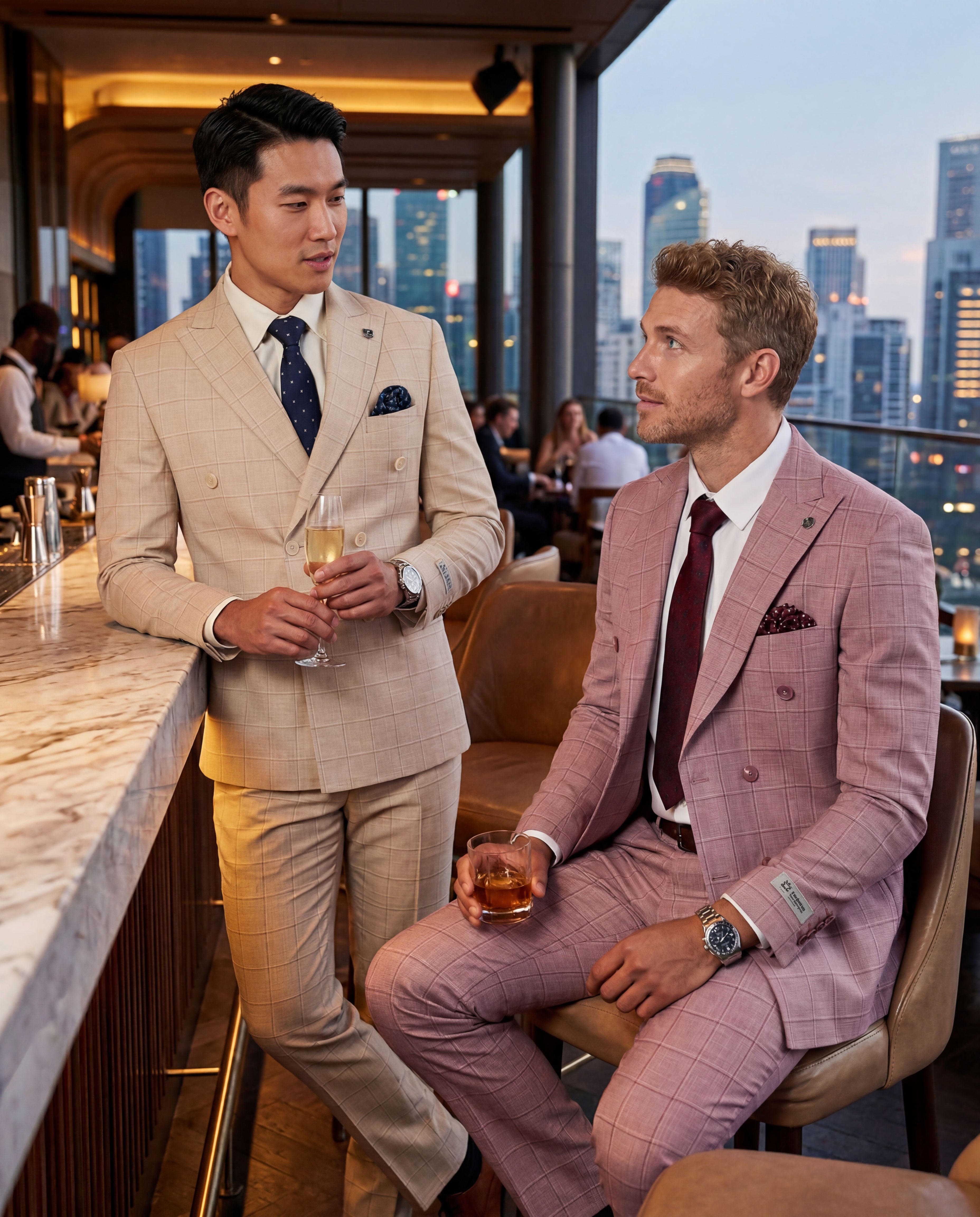 Men's Hybrid-Fit 2pc Windowpane Suit Set – Double-Breasted & Wide Peak Lapel