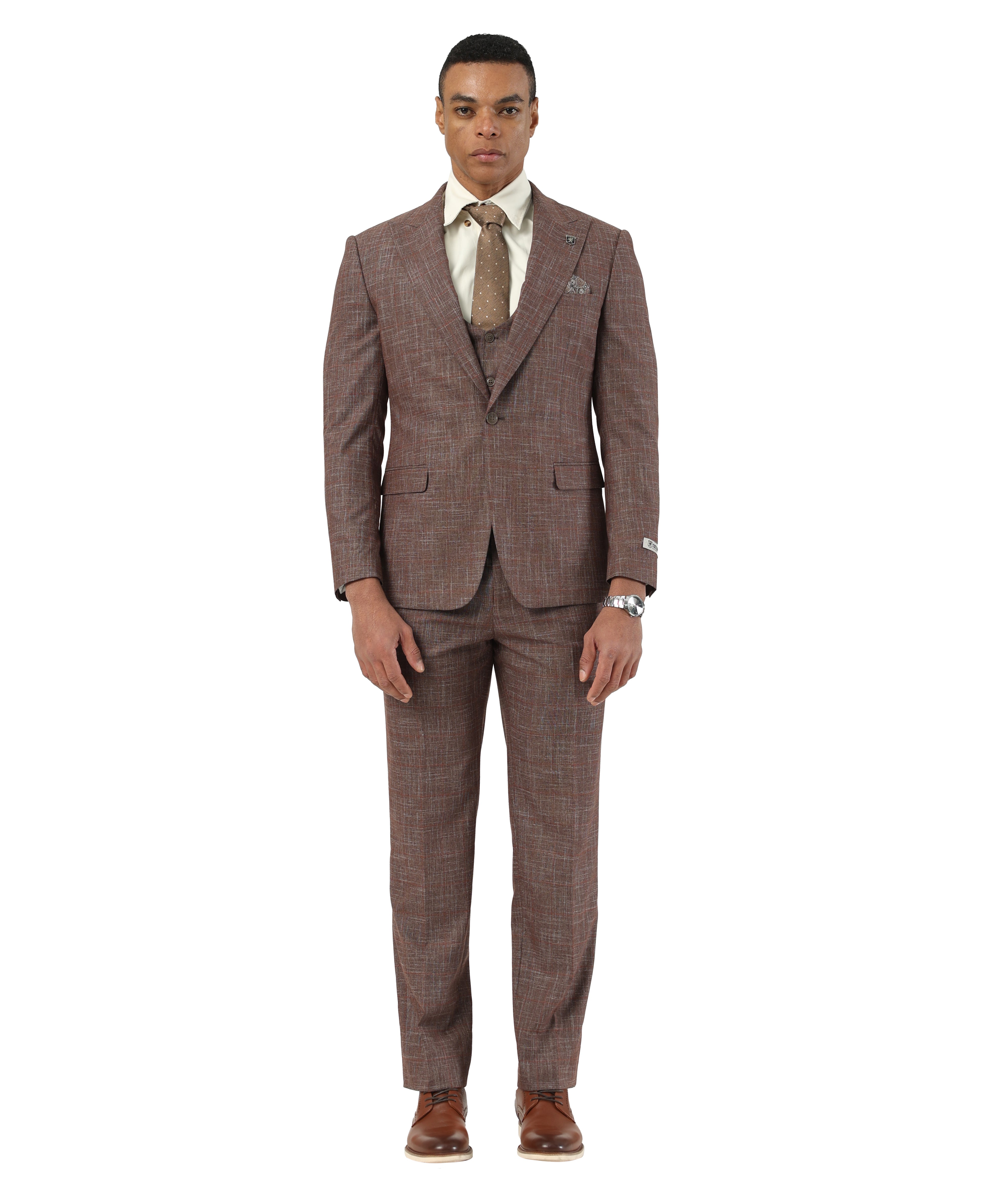 Men's Hybrid-Fit 3pc Windowpane Crosshatch Suit Set, Wide Peak Lapel