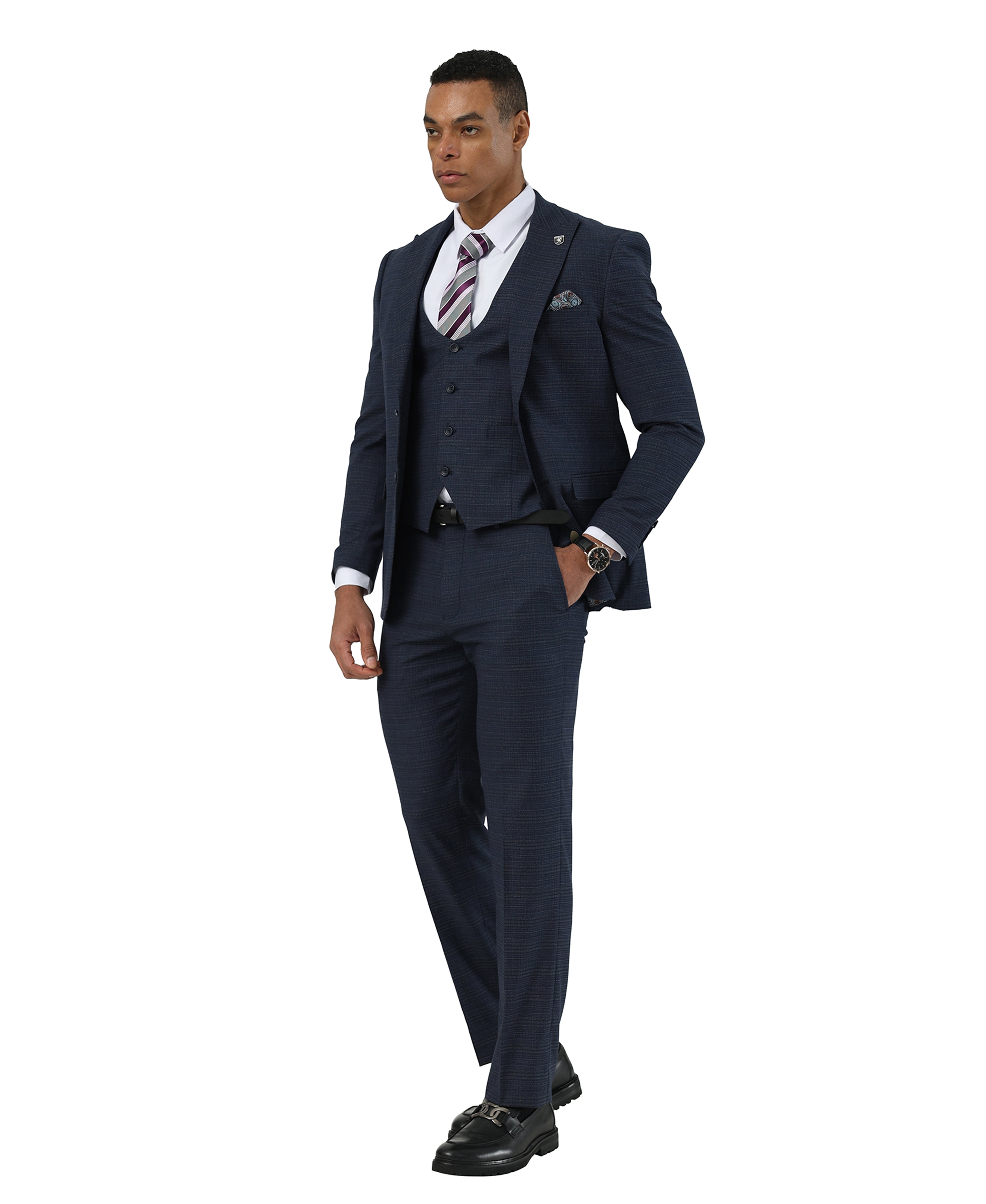 Men's Hybrid-Fit 3-Piece Textured Plaid Suit – Wide Peak Lapel