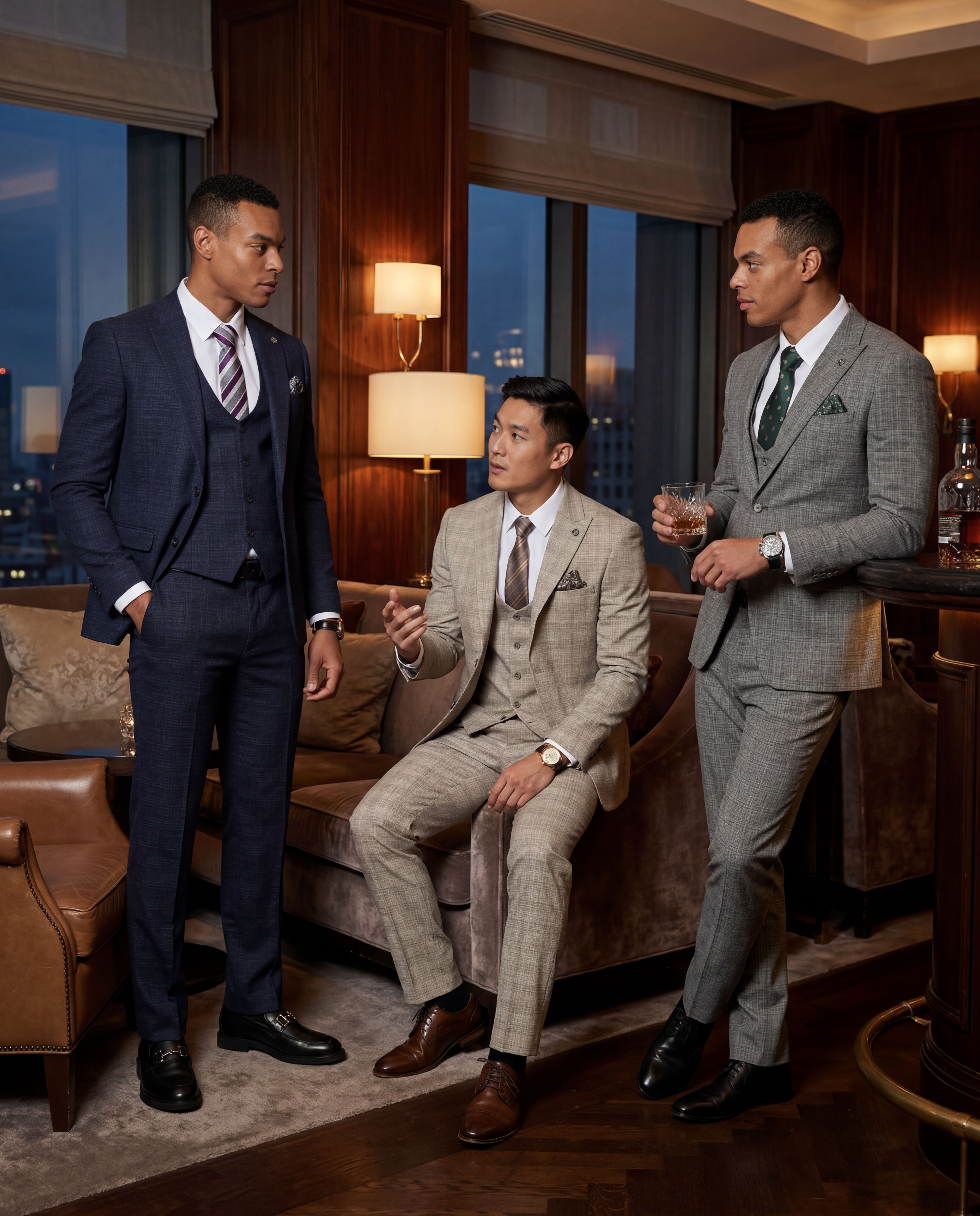 Men's Hybrid-Fit 3-Piece Textured Plaid Suit – Wide Peak Lapel