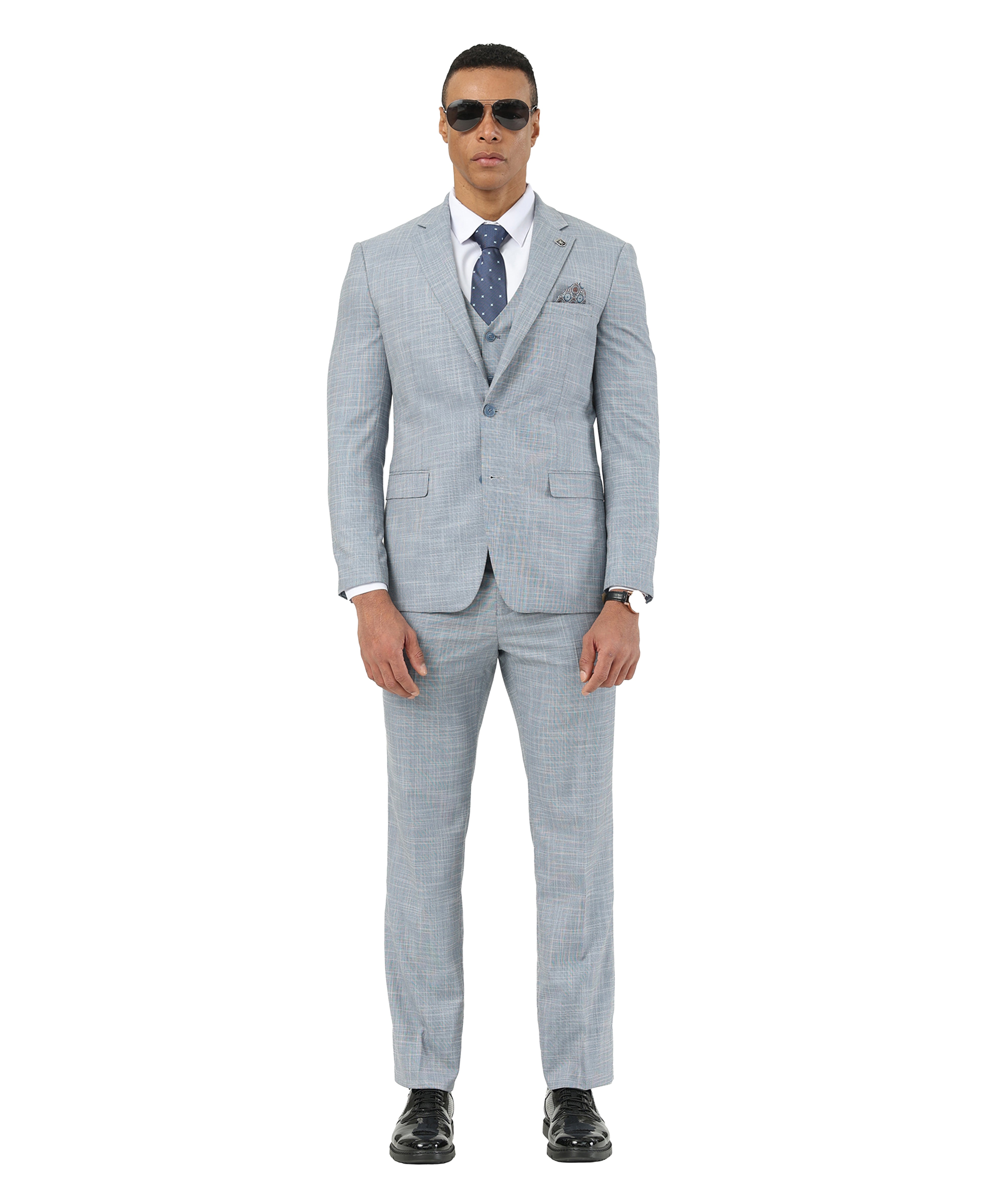Men's Hybrid-Fit 3-Piece Crosshatch Suit Set, Notch Lapel