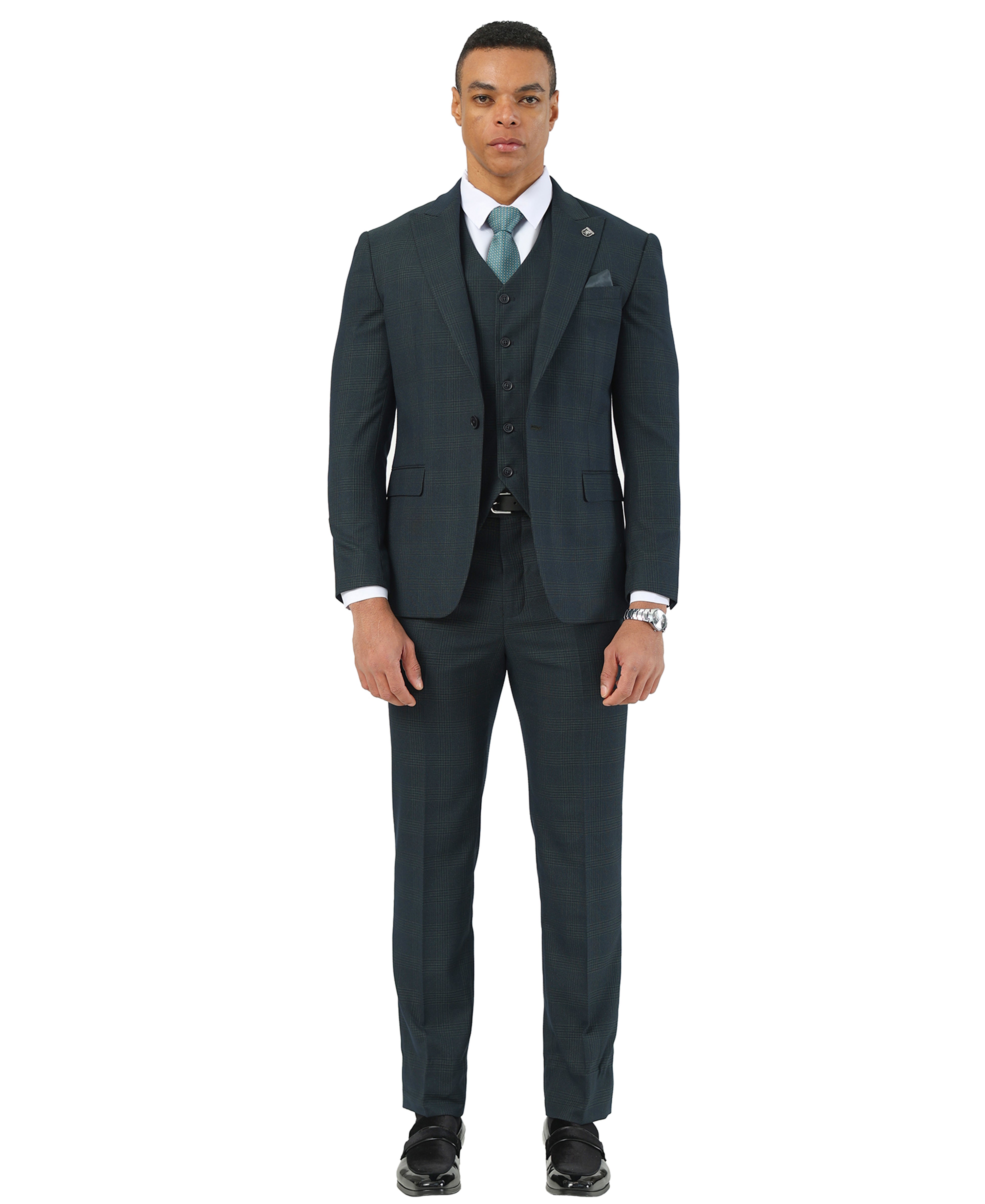Men's Hybrid-Fit 3-Piece Tonal Shadow Plaid Suit, Wide Peak Lapel