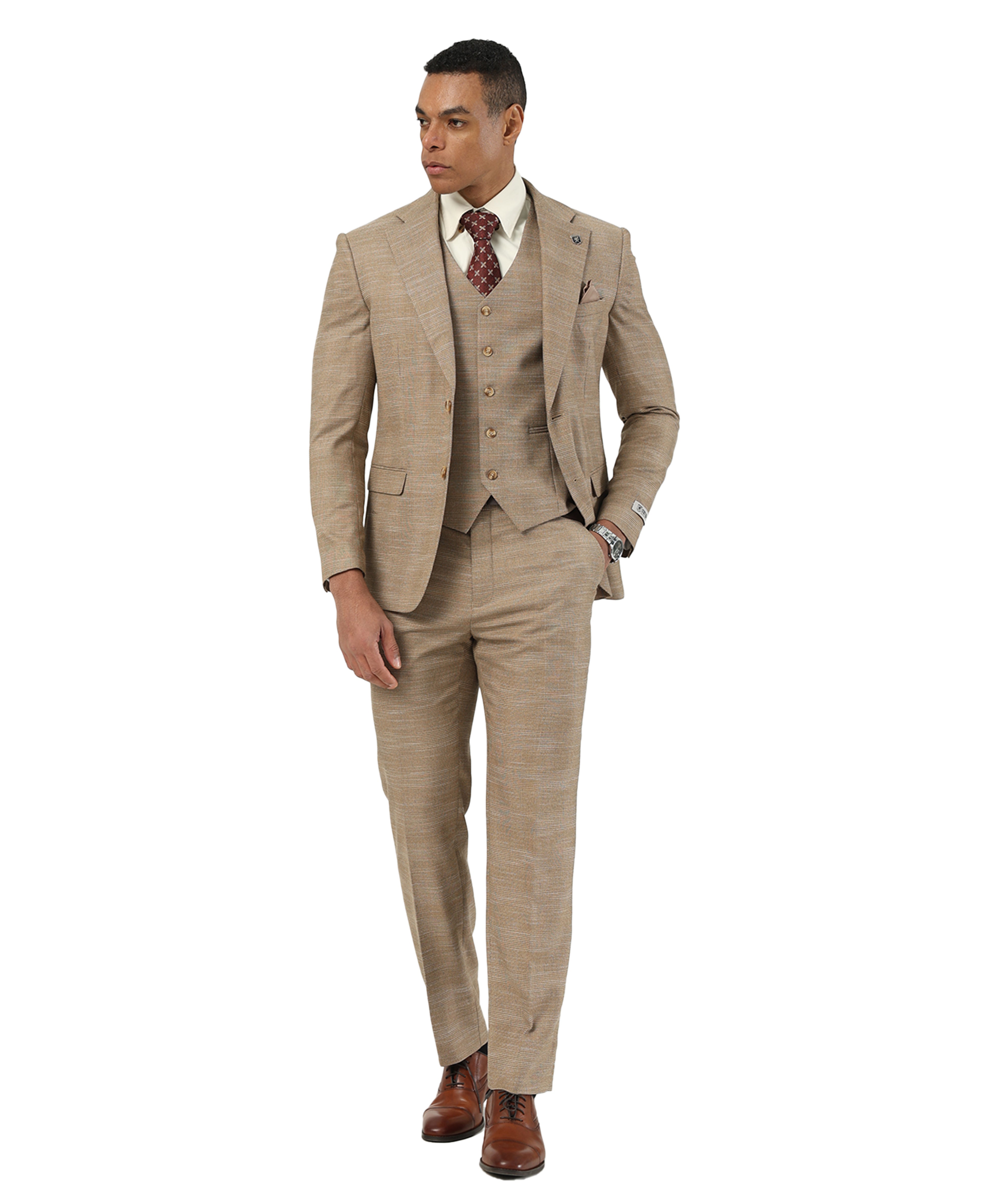 Men's Hybrid-Fit 3-Piece Hatched Plaid Suit, Notch Lapel