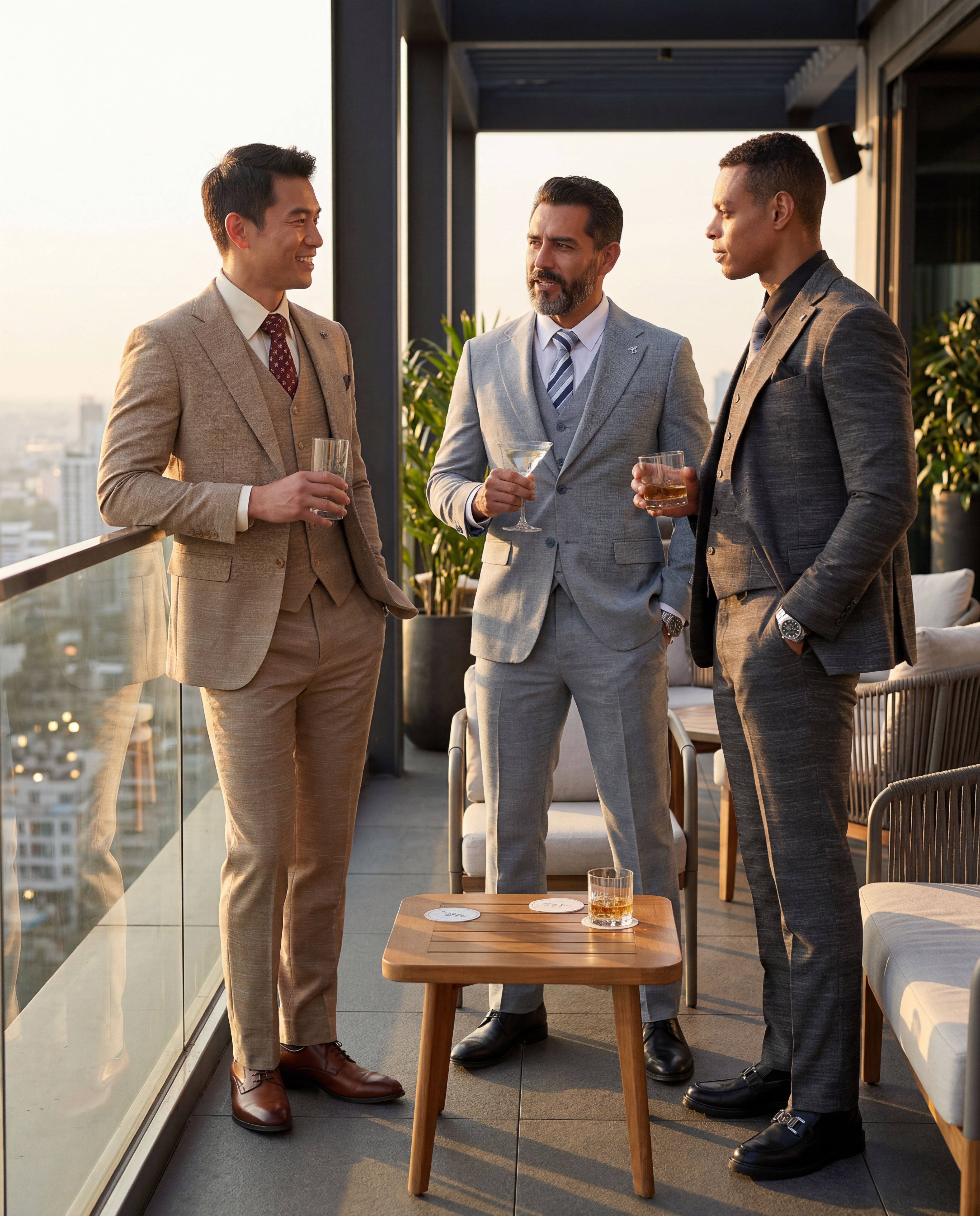 Men's Hybrid-Fit 3-Piece Hatched Plaid Suit, Notch Lapel