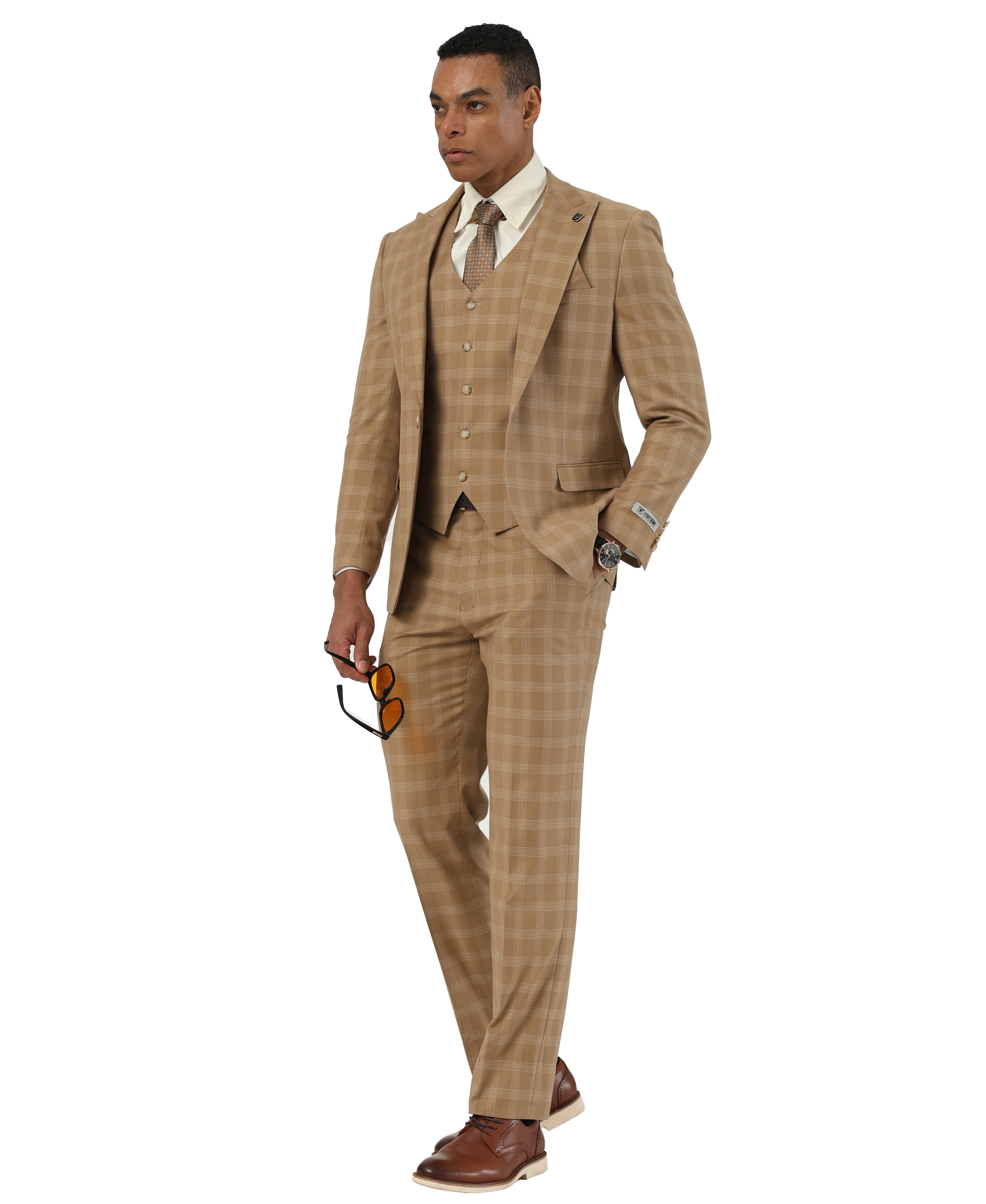 Men's Hybrid-Fit 3-Piece Classic Plaid Suit, Wide Peak Lapel