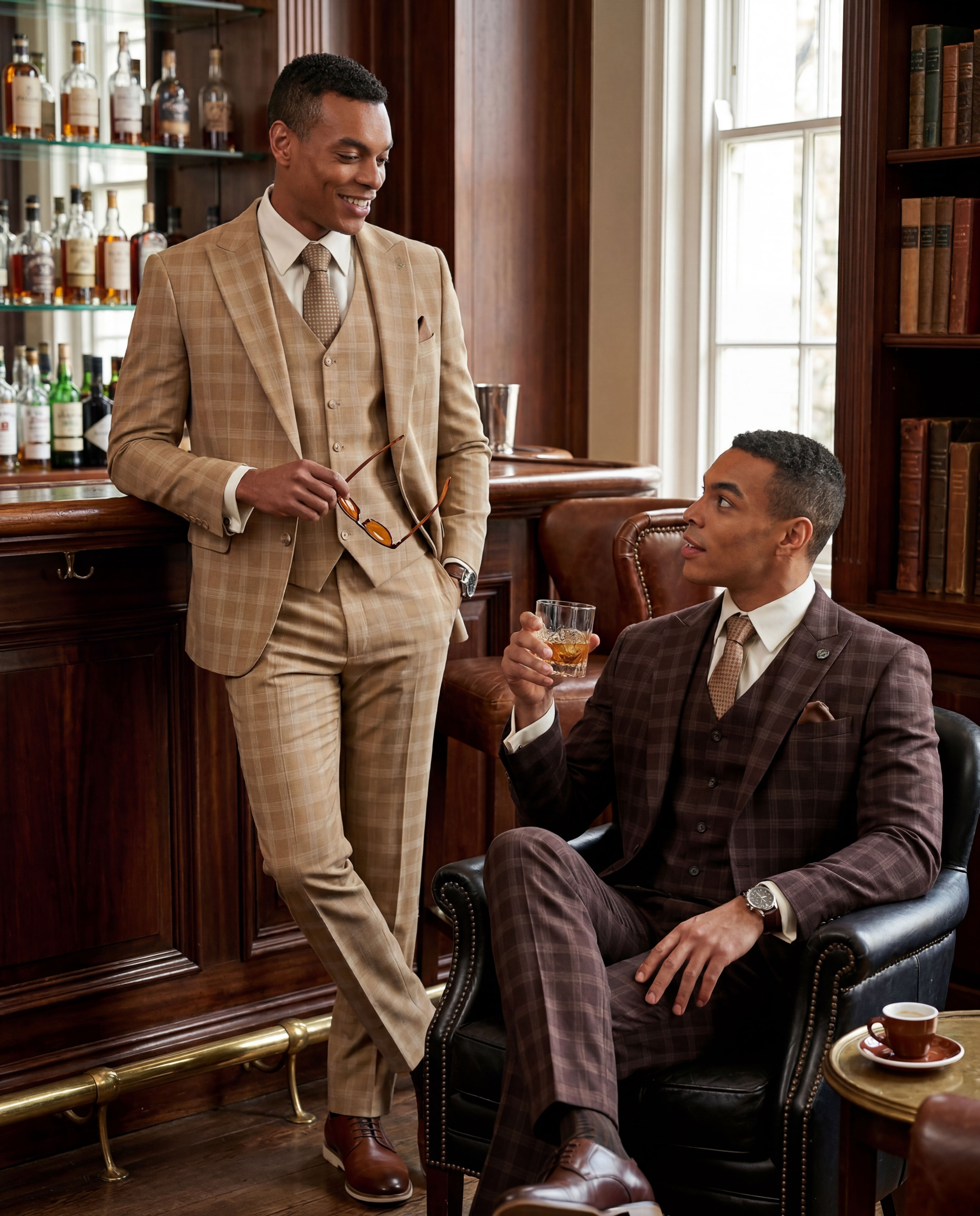 Men's Hybrid-Fit 3-Piece Classic Plaid Suit, Wide Peak Lapel
