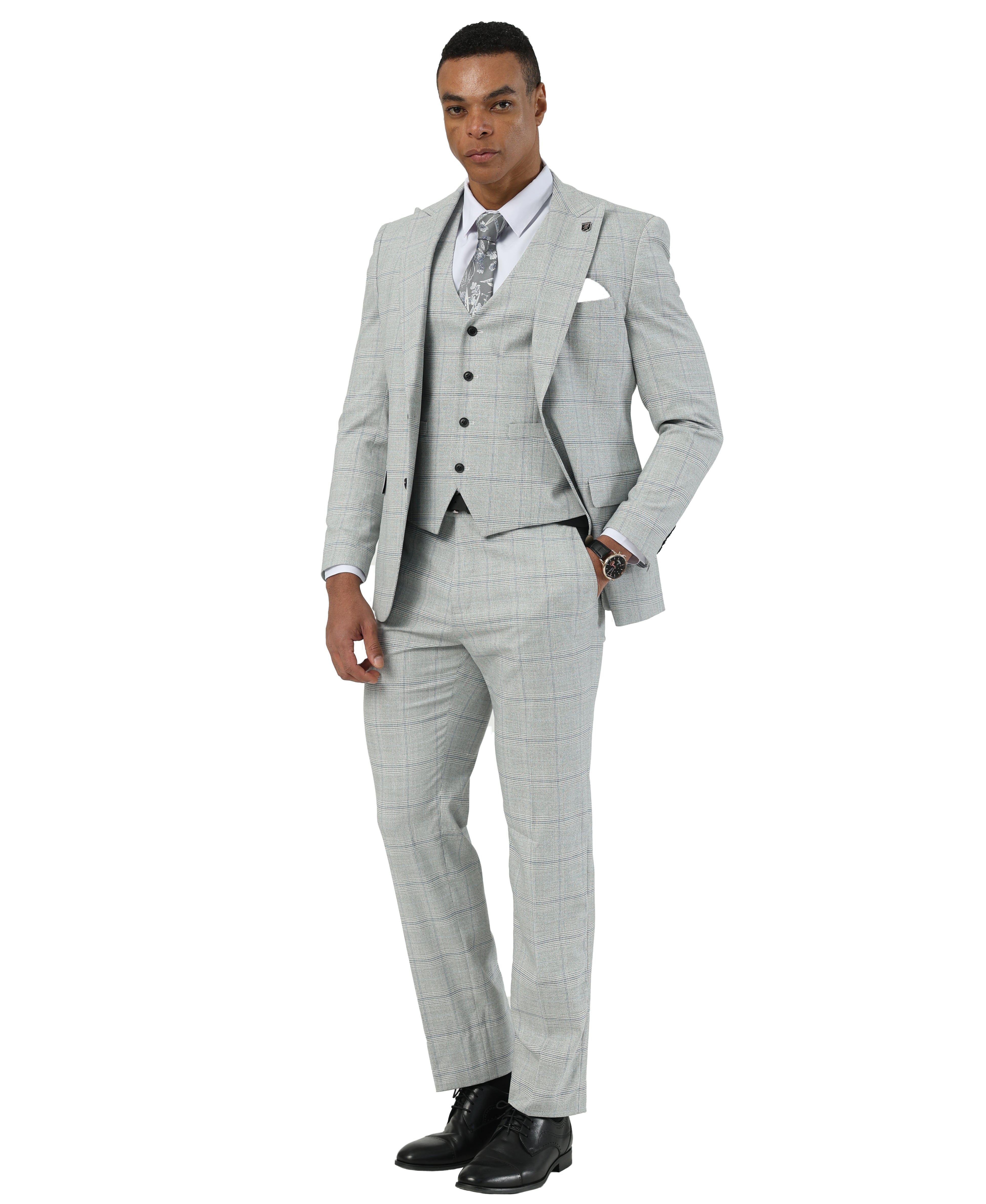 Men's Hybrid-Fit 3pc Glen Plaid Windowpane Suit Set, Wide Peak Lapel