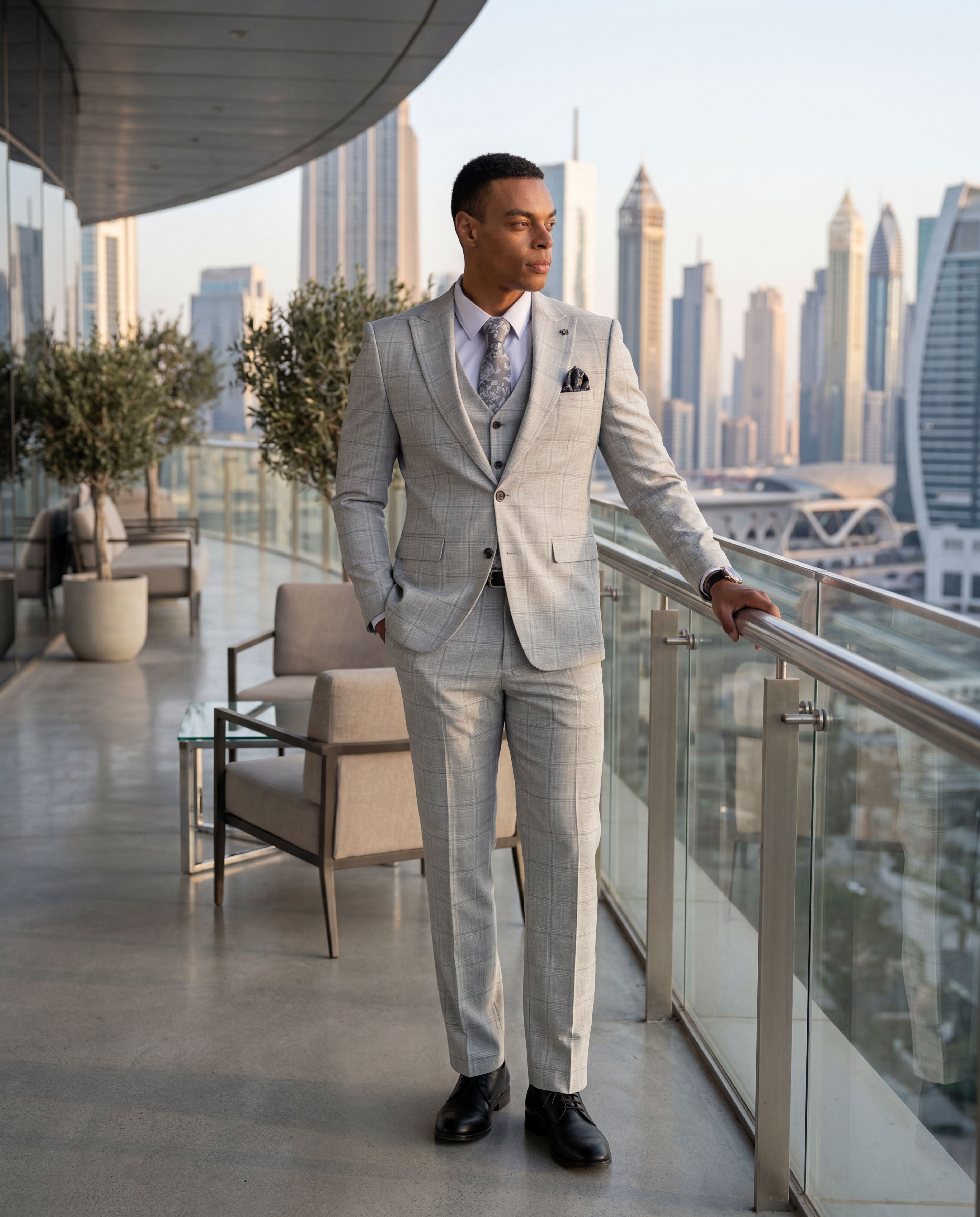 Men's Hybrid-Fit 3pc Glen Plaid Windowpane Suit Set, Wide Peak Lapel