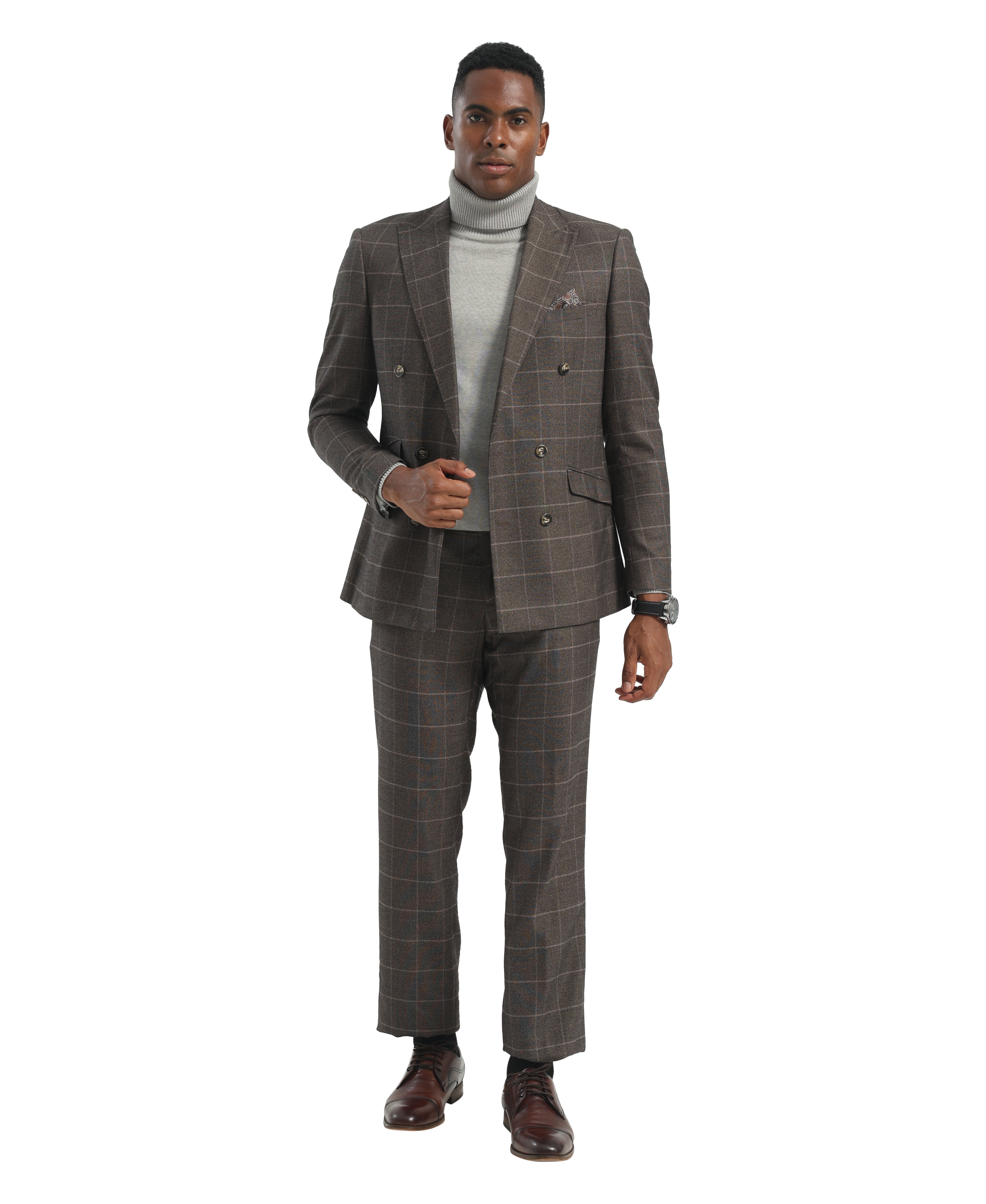 Men's Hybrid-Fit 2pc Classic Windowpane Suit – Double-Breasted & Wide Peak Lapel