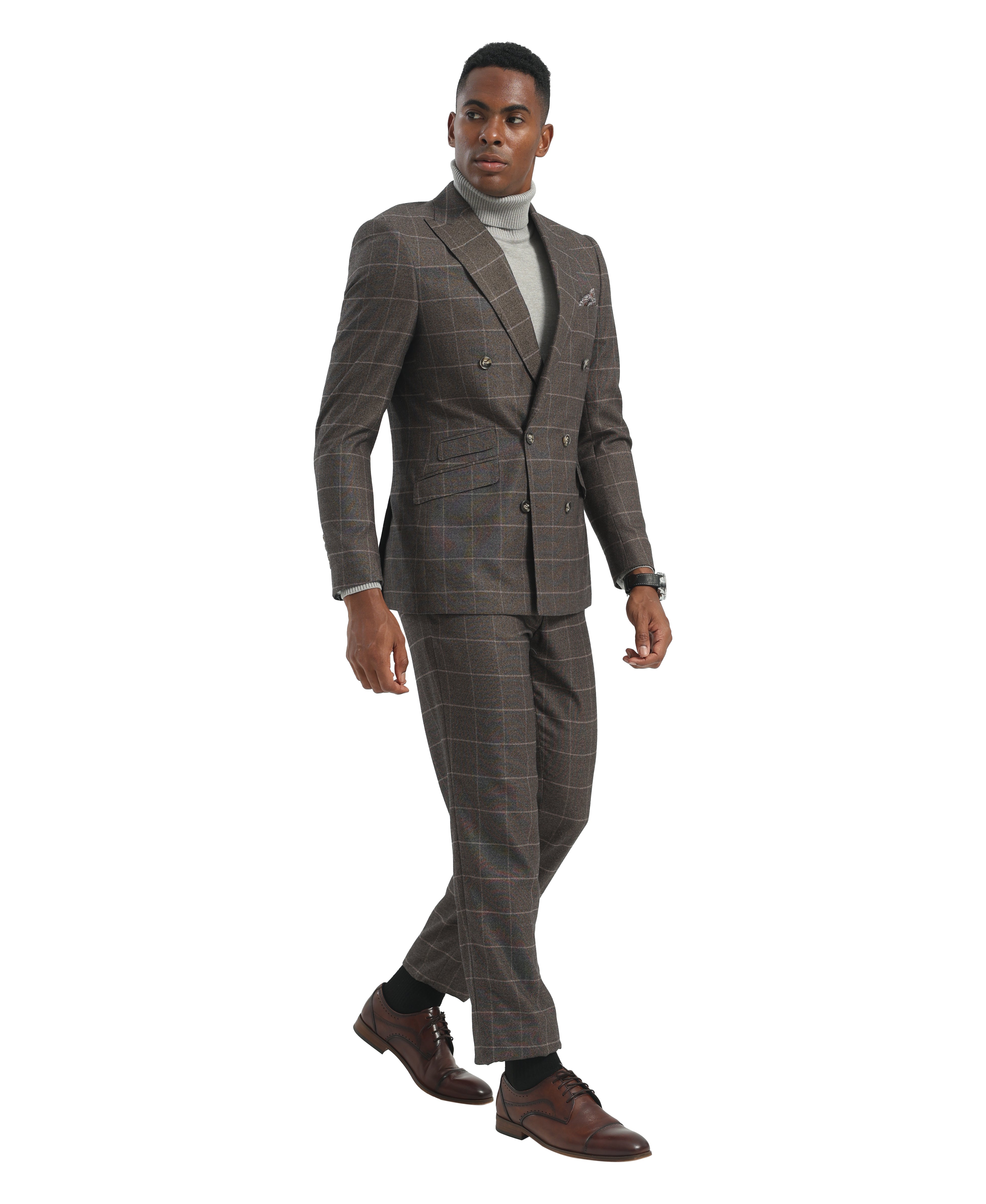 Men's Hybrid-Fit 2pc Classic Windowpane Suit – Double-Breasted & Wide Peak Lapel