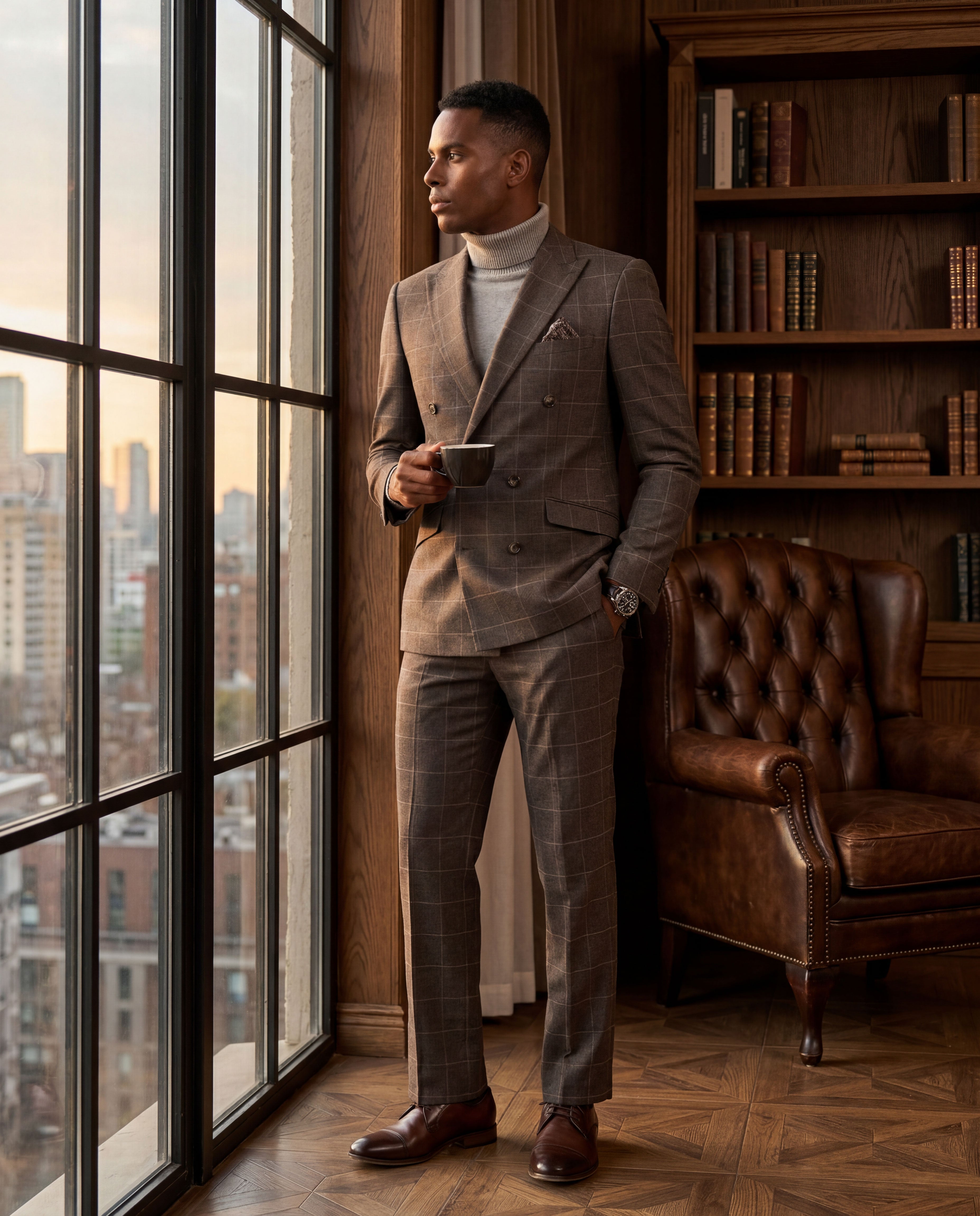 Men's Hybrid-Fit 2pc Classic Windowpane Suit – Double-Breasted & Wide Peak Lapel