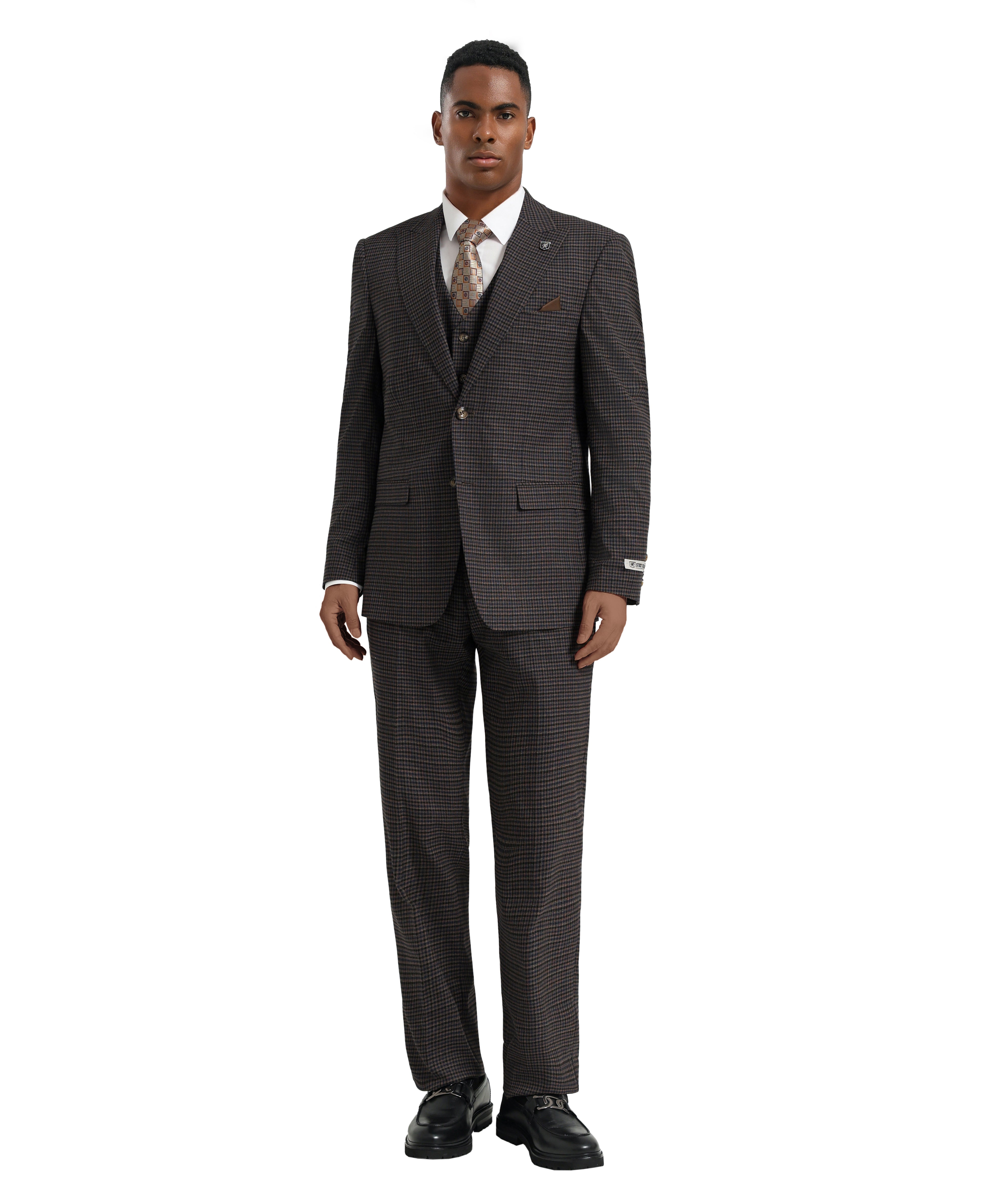 Men's Hybrid-Fit 3pc Textured Glen Plaid Suit, Wide Peak Lapel