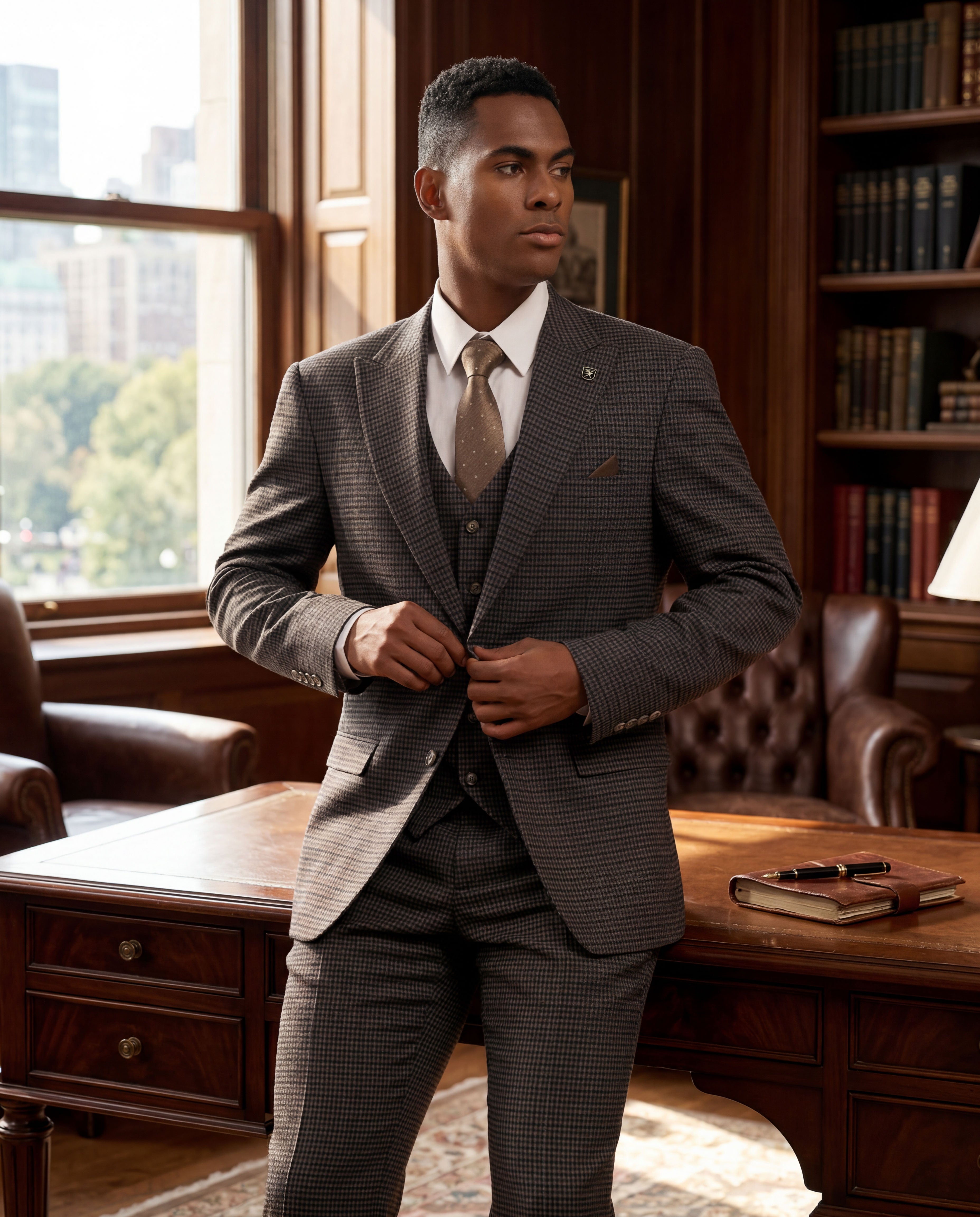 Men's Hybrid-Fit 3pc Textured Glen Plaid Suit, Wide Peak Lapel