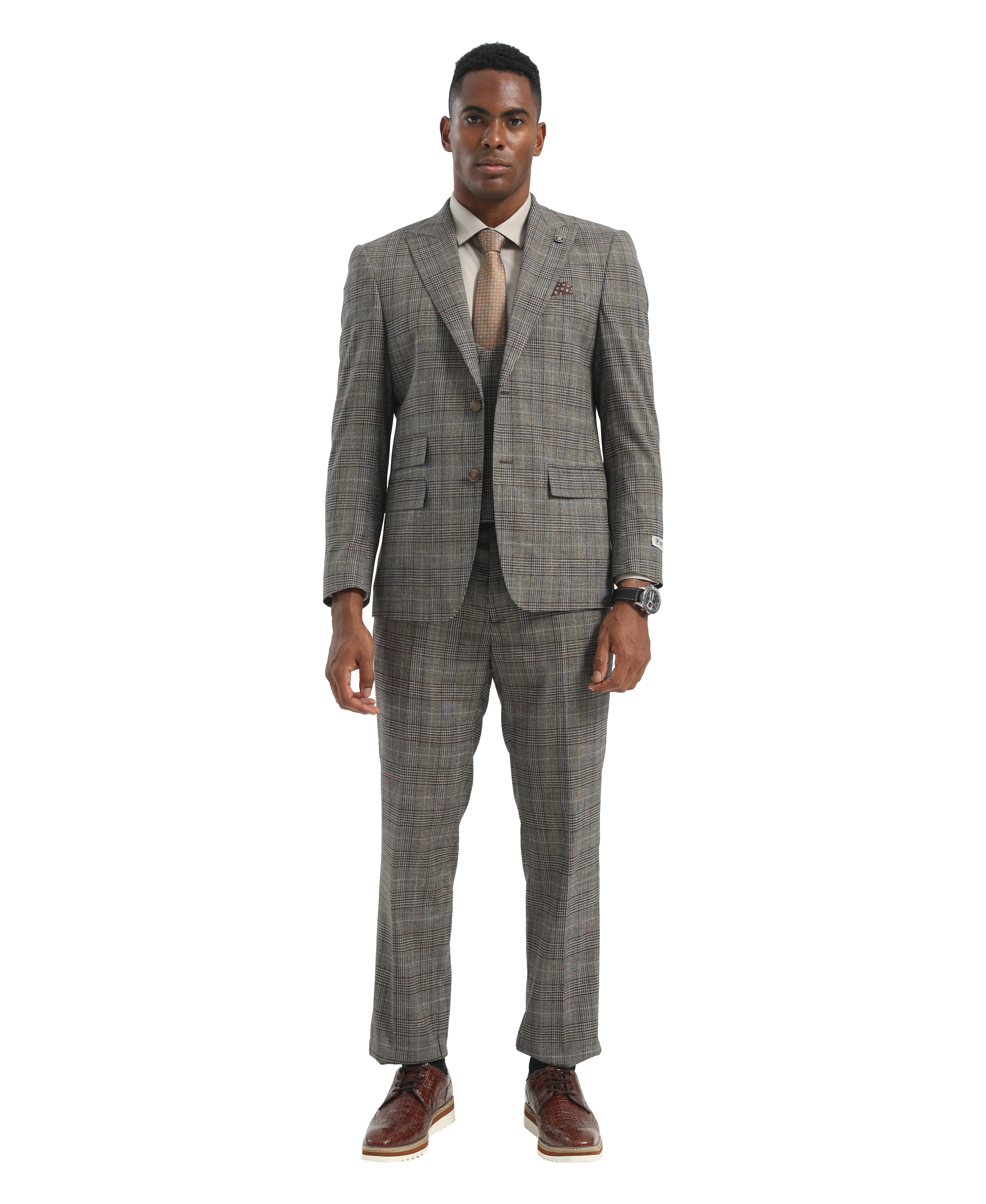 Men's Hybrid-Fit 3-Piece Glen Plaid Suit, Wide Peak Lapel
