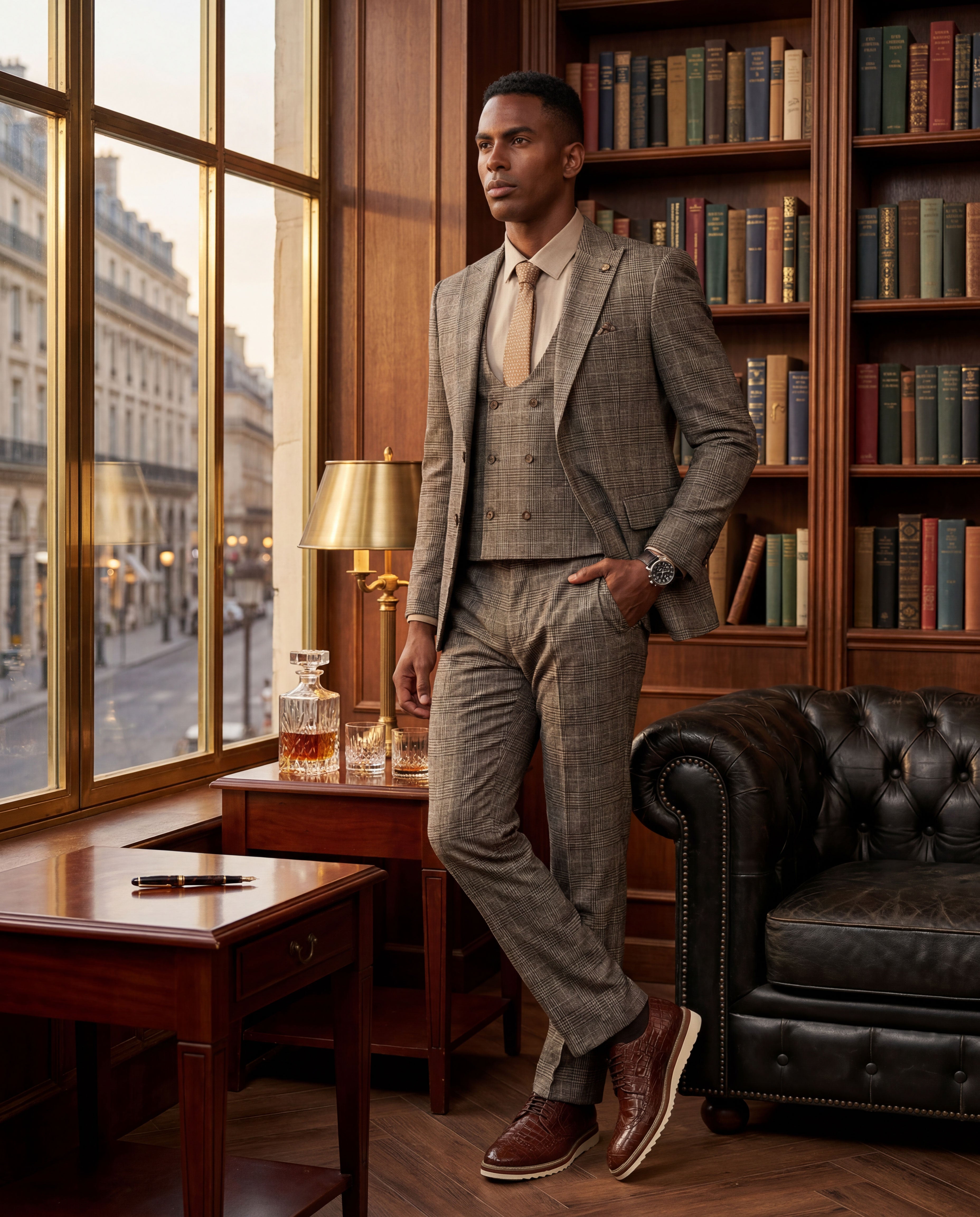 Men's Hybrid-Fit 3-Piece Glen Plaid Suit, Wide Peak Lapel