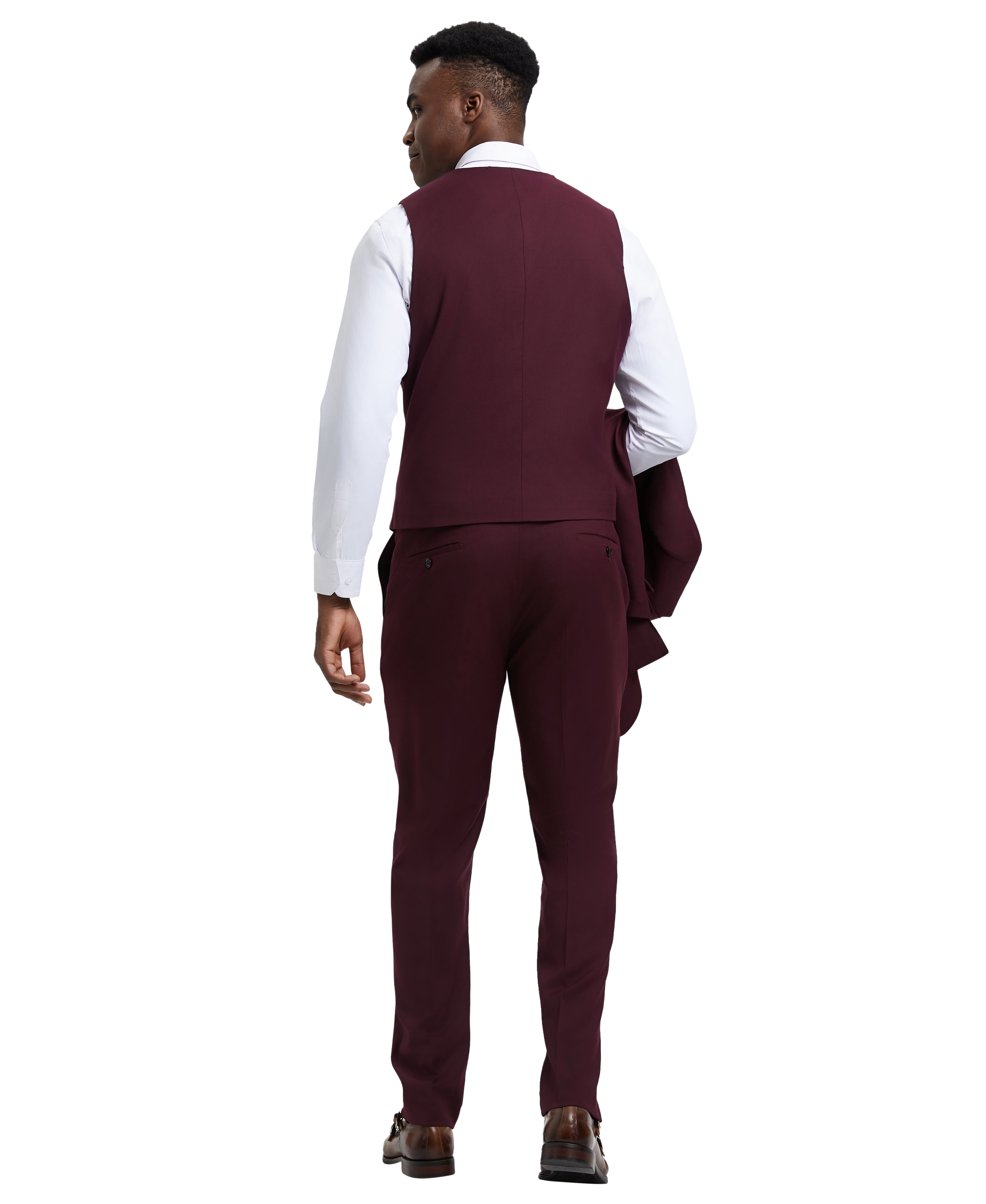 Stacy Adams Men's Hybrid-Fit 3pc Burgundy Suit Set, Jacket Vest and Pants