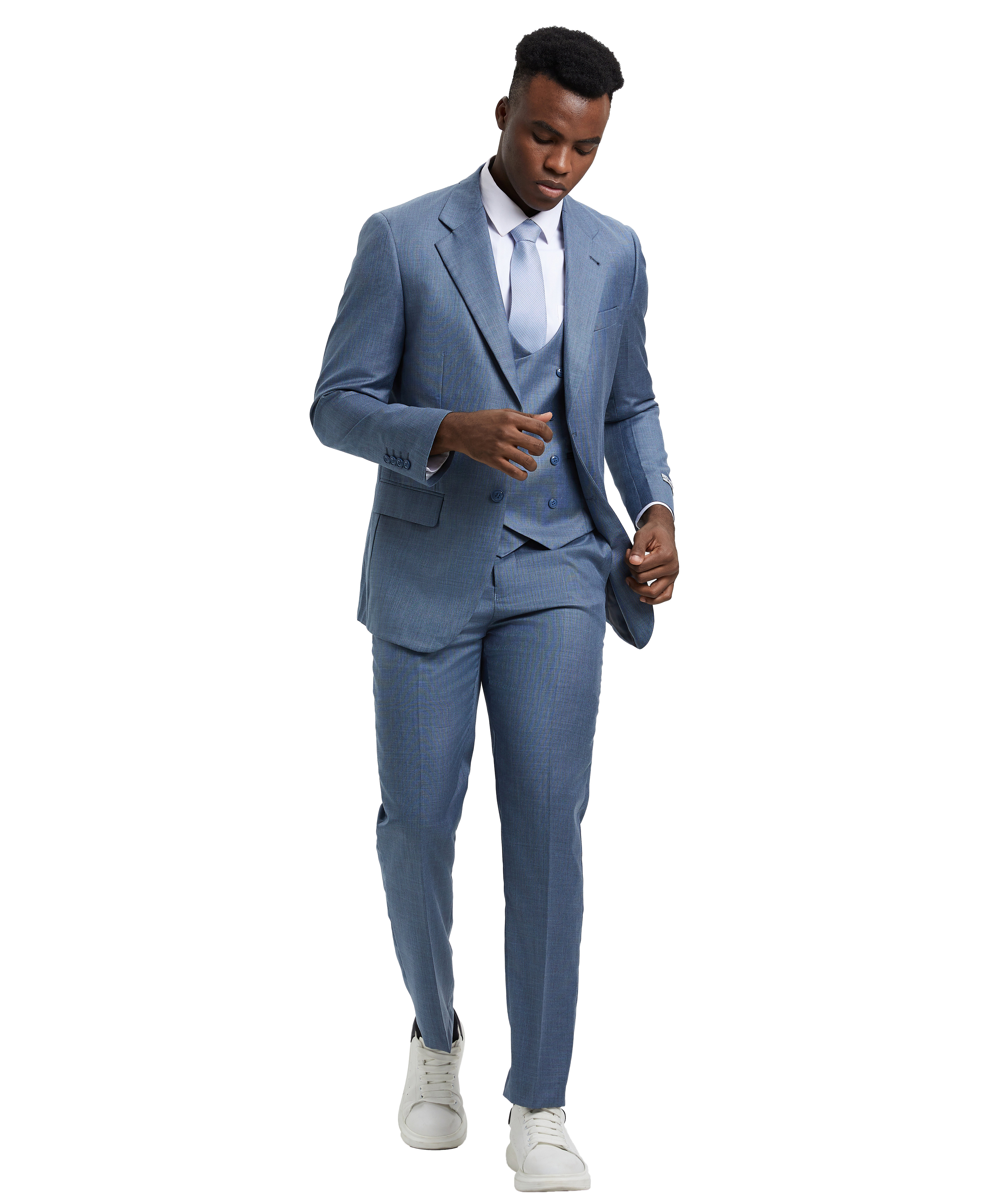 Stacy Adams Hybrid-Fit Textured Suit w/ Double Breasted Vest, Frost Blue