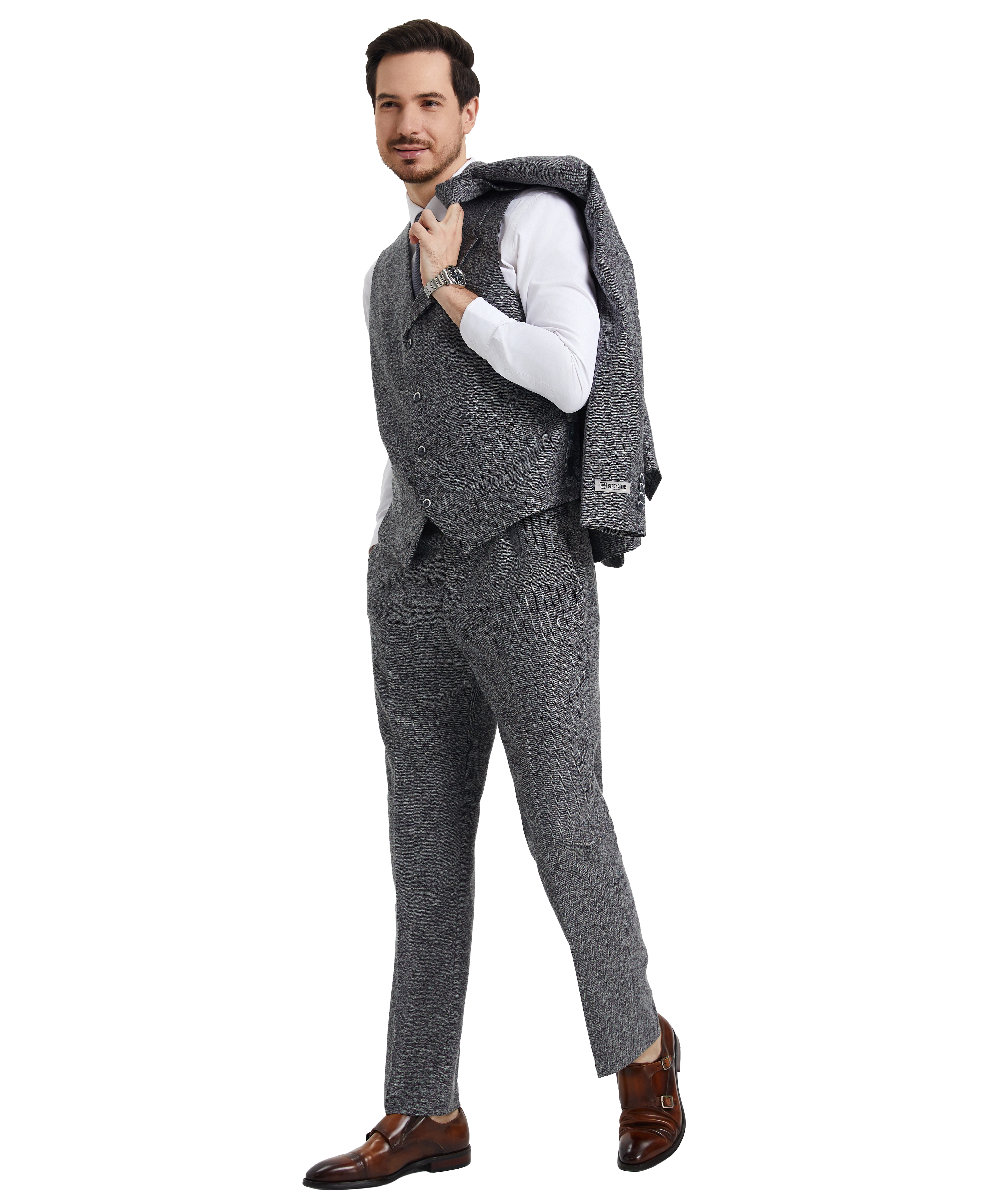 Stacy Adams Hybrid-Fit Vested Suit, Grey Tweed