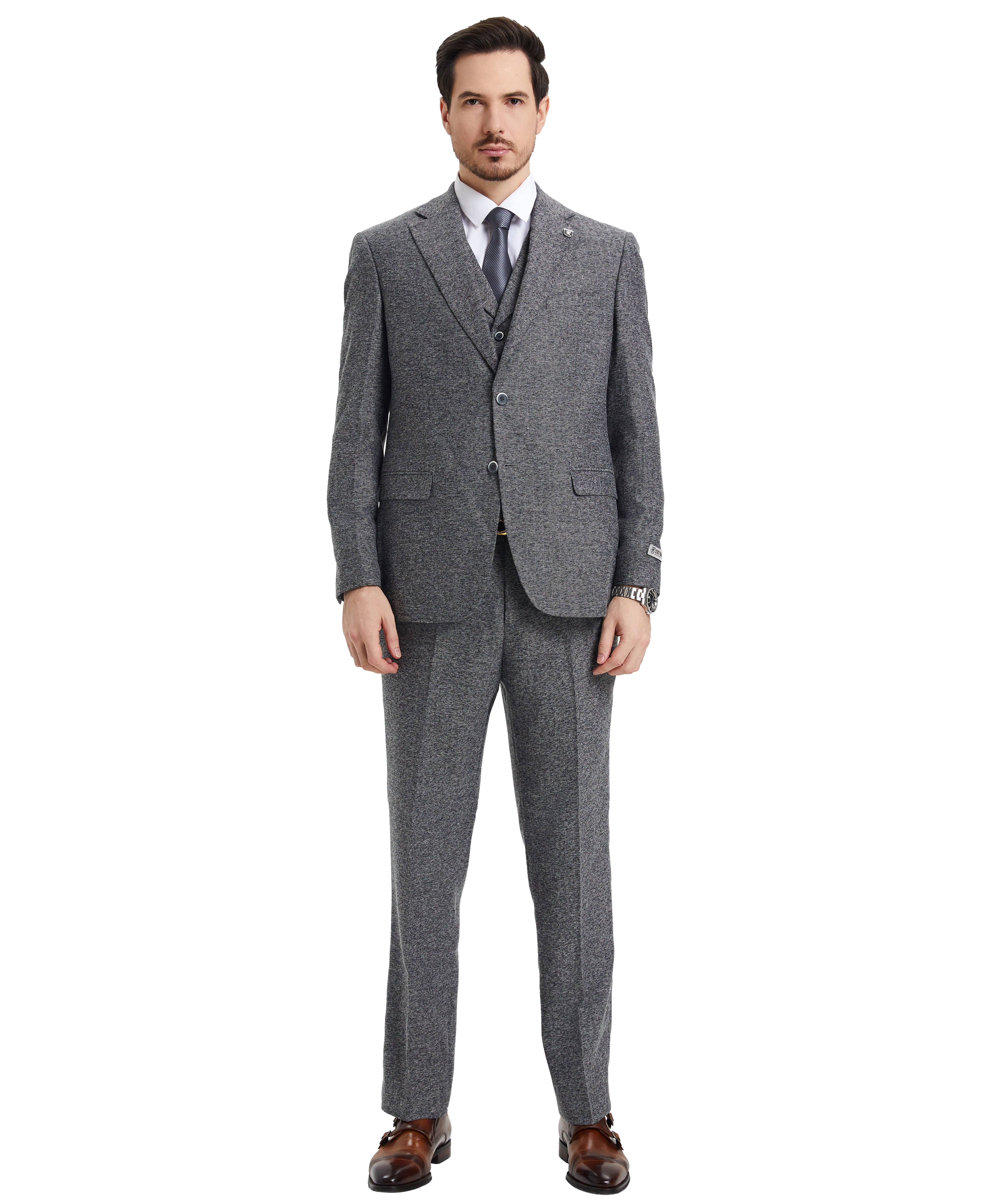Men's Hybrid-Fit 3pc Premium Tweed Suit, Notch Lapel on Vest