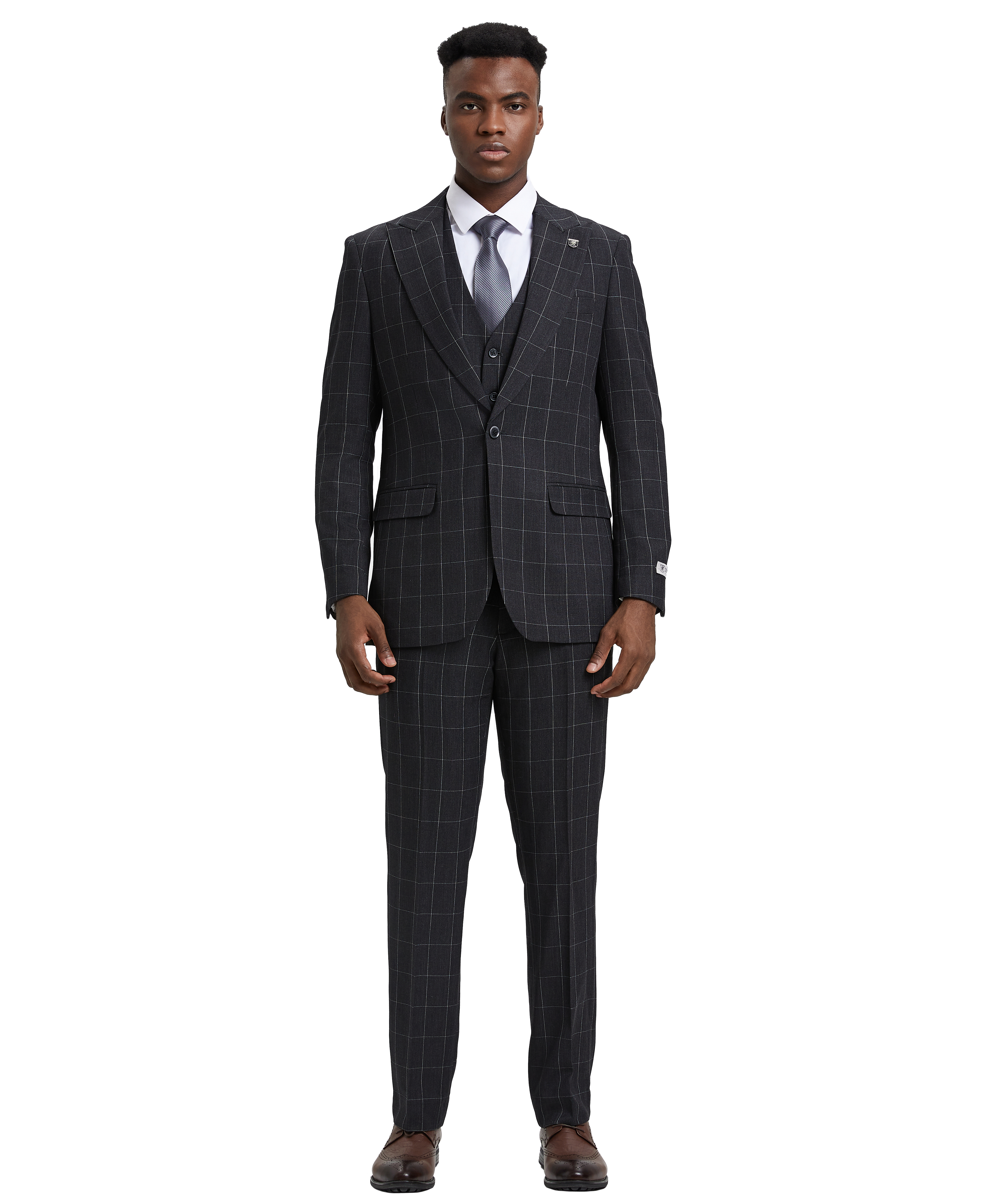 Men's Hybrid-Fit 3pc Classic Windowpane Suit, Wide Peak Lapel