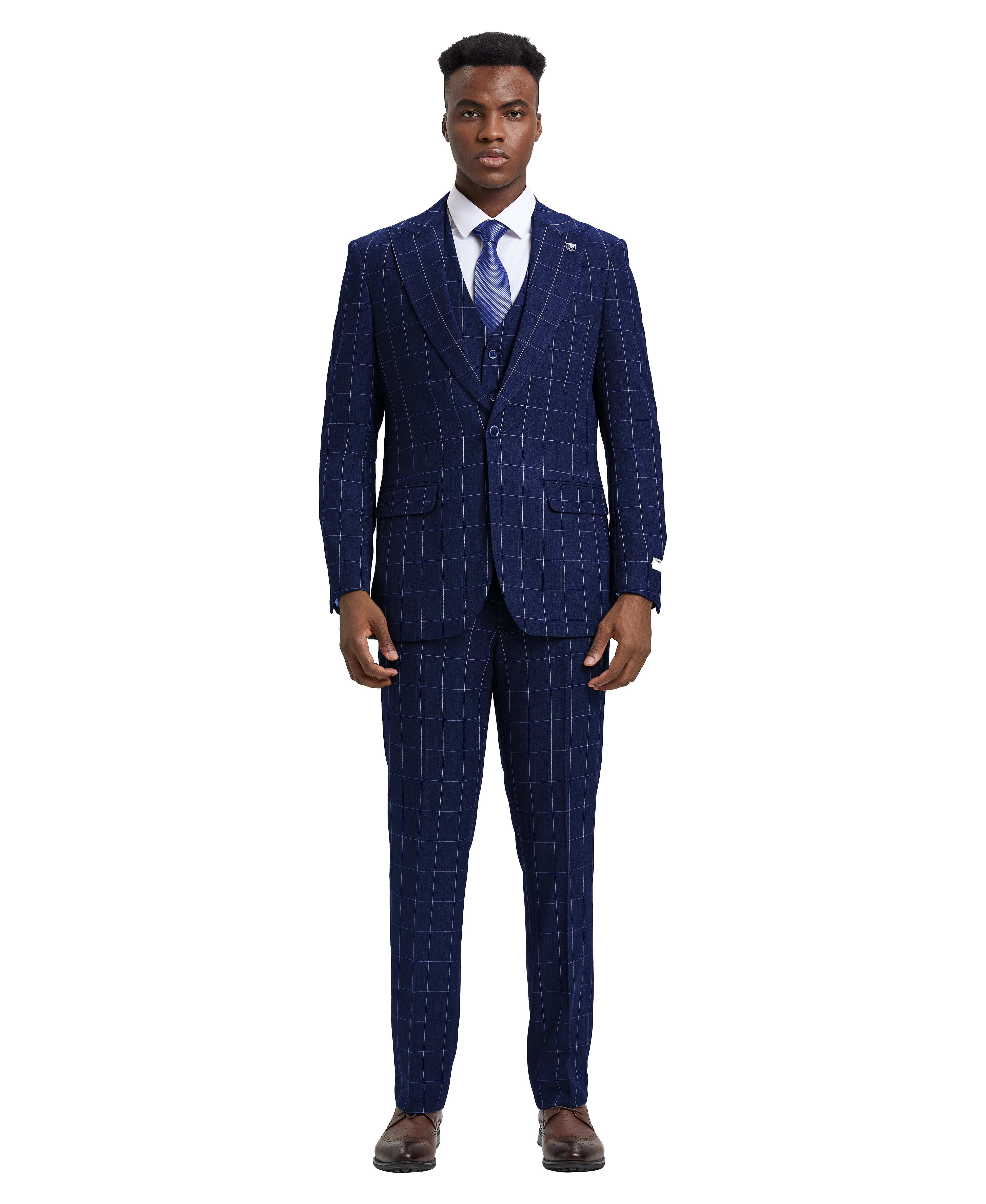 Men's Hybrid-Fit 3pc Classic Windowpane Suit, Wide Peak Lapel