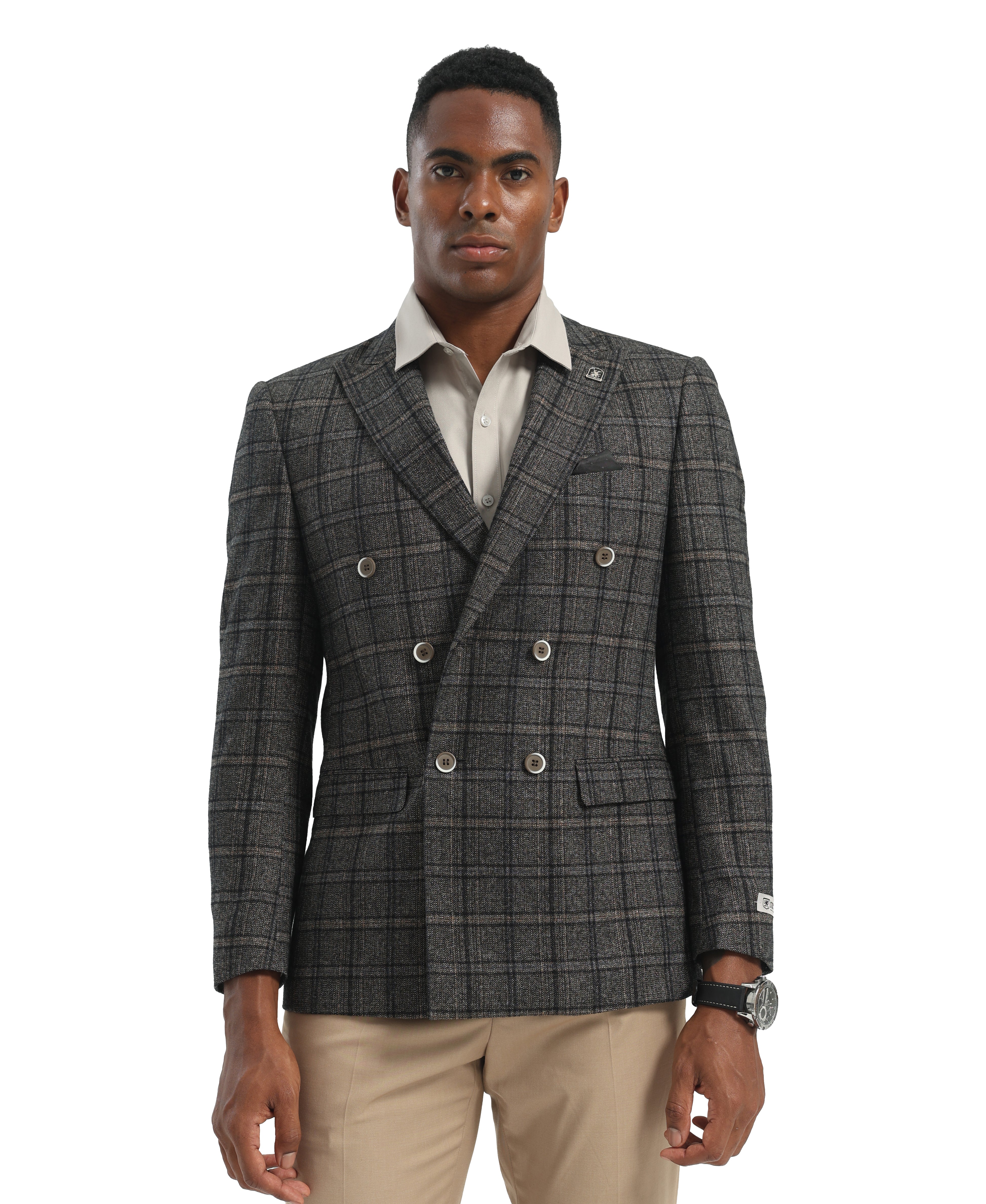 Men's Hybrid-Fit Textured Plaid Double-Breasted Sportcoat