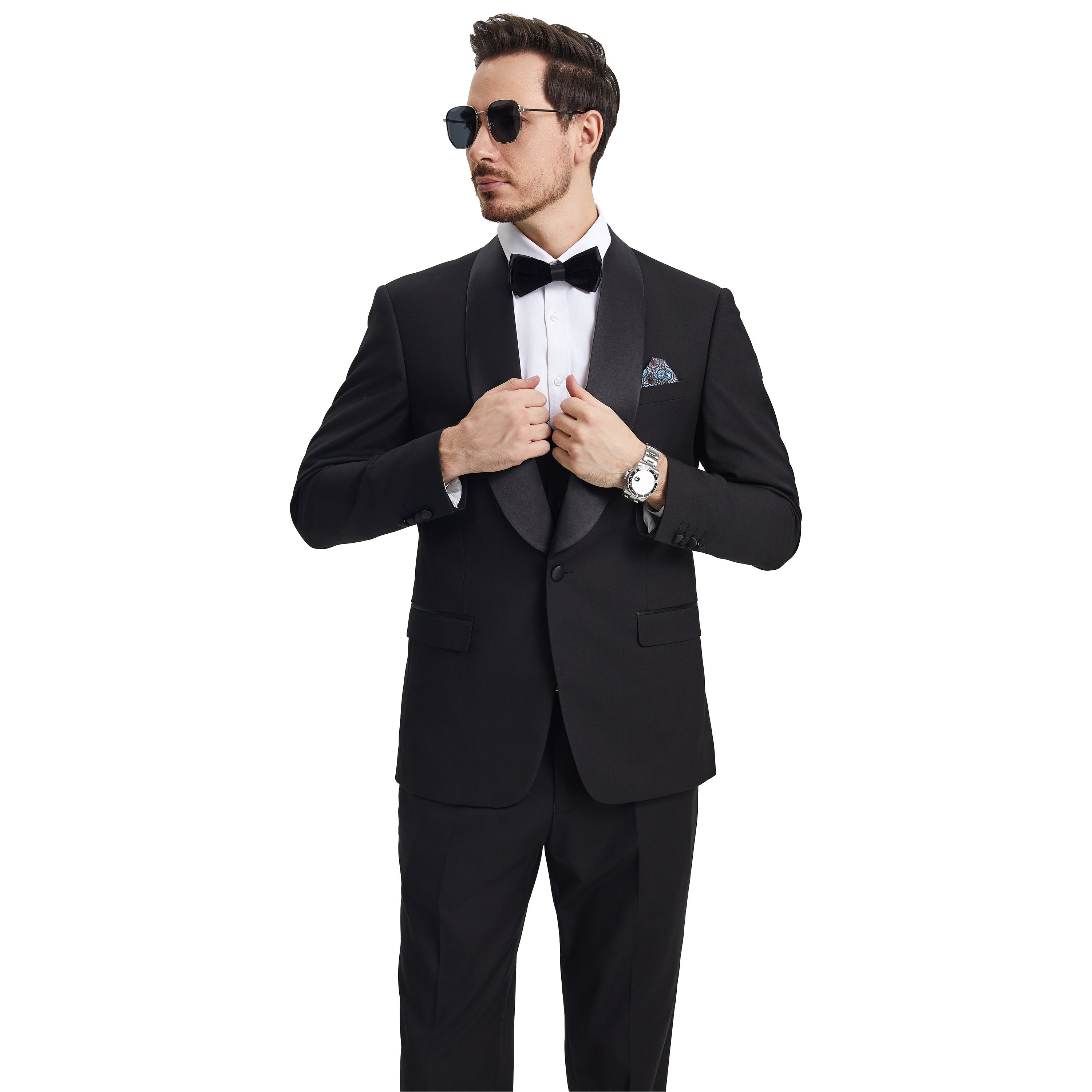 Men's Hybrid-Fit Solid Vested Tuxedo Set , Black Satin Shawl Collar