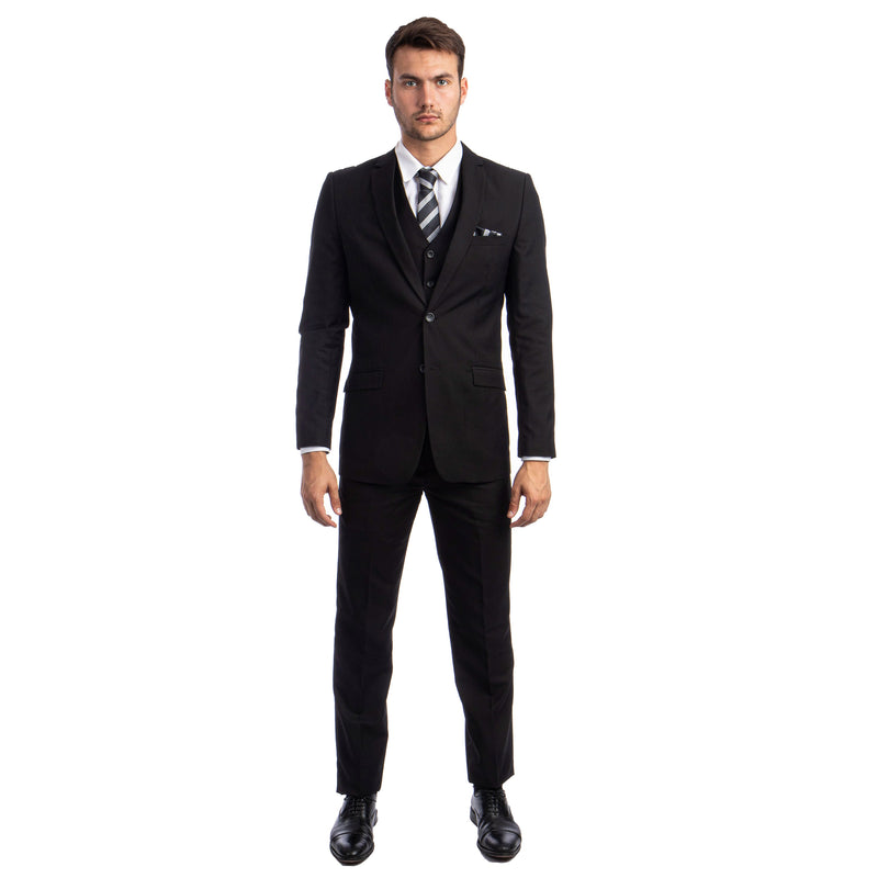 Azzuro Men's Slim Fit 3-Piece Black Suit for Funerals, Weddings, and Black-Tie Events