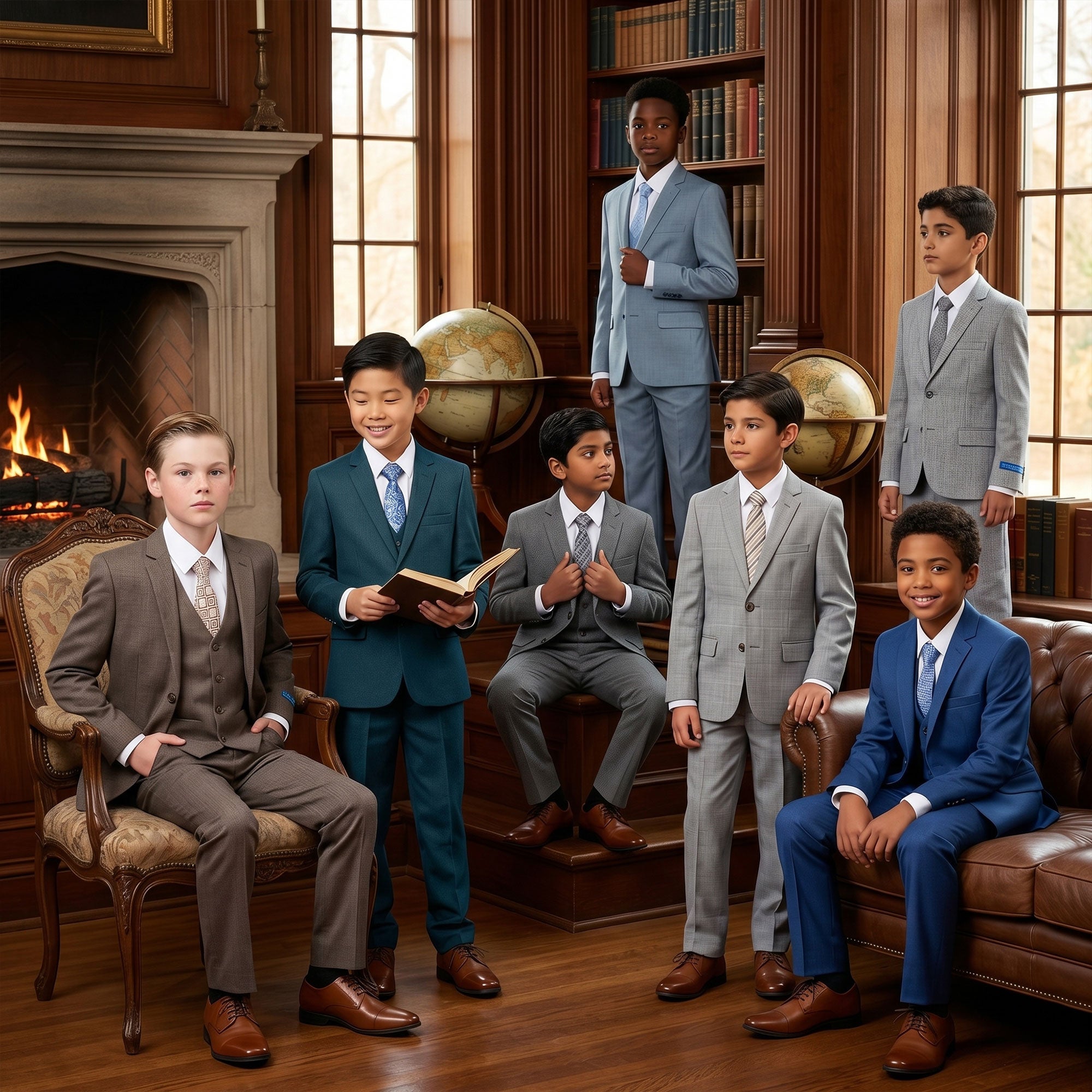 Perry Ellis Boys' Slim Fit 5-Piece Sharkskin Suit Set – Notch Lapel – Wedding & Formal