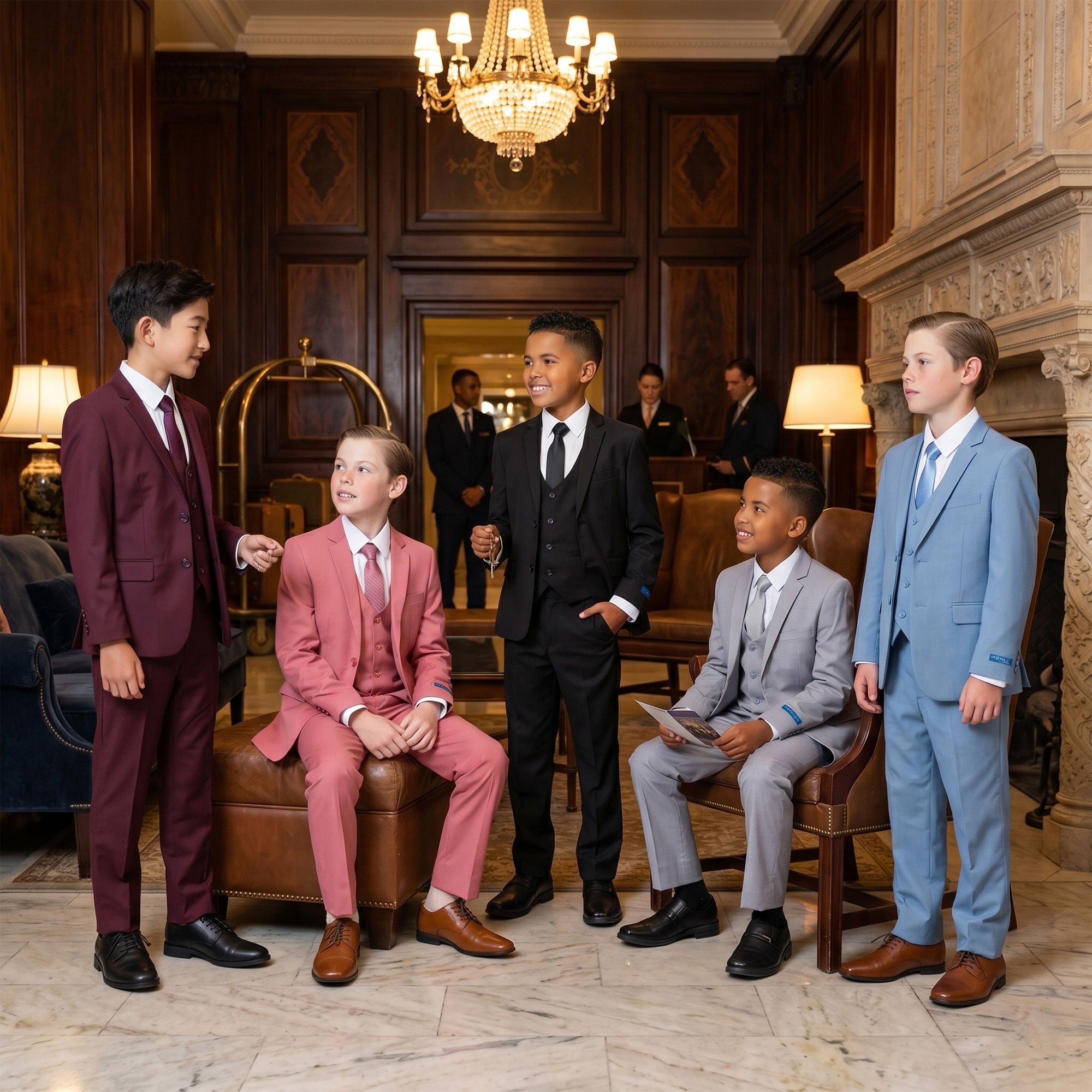 Perry Ellis Boys' Slim Fit 5-Piece Solid Suit Set – Notch Lapel – Wedding & Formal