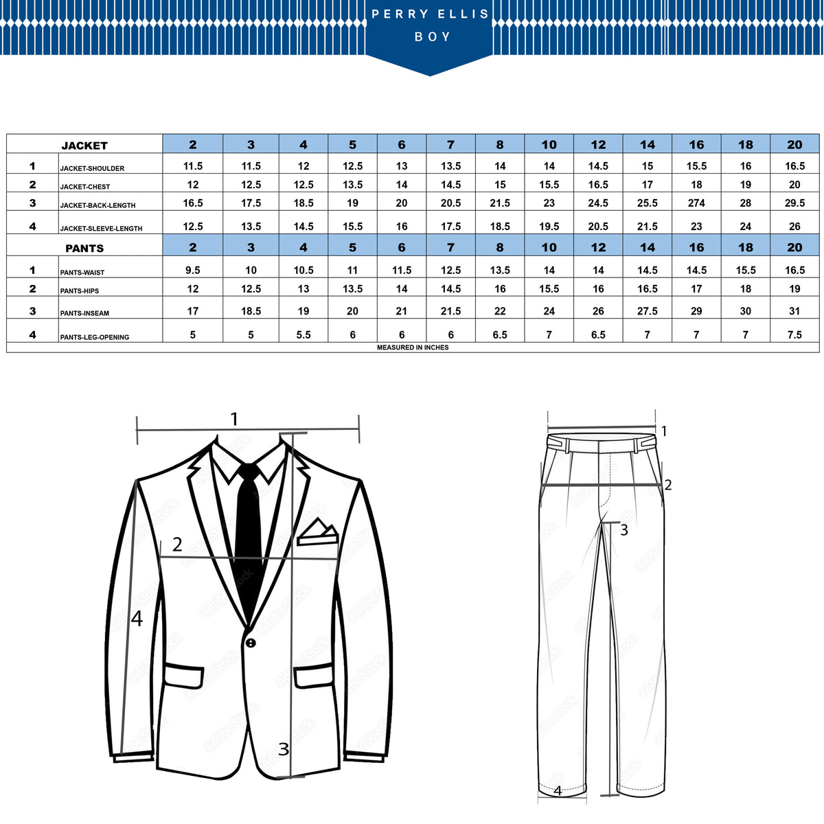 Size chart for Perry Ellis