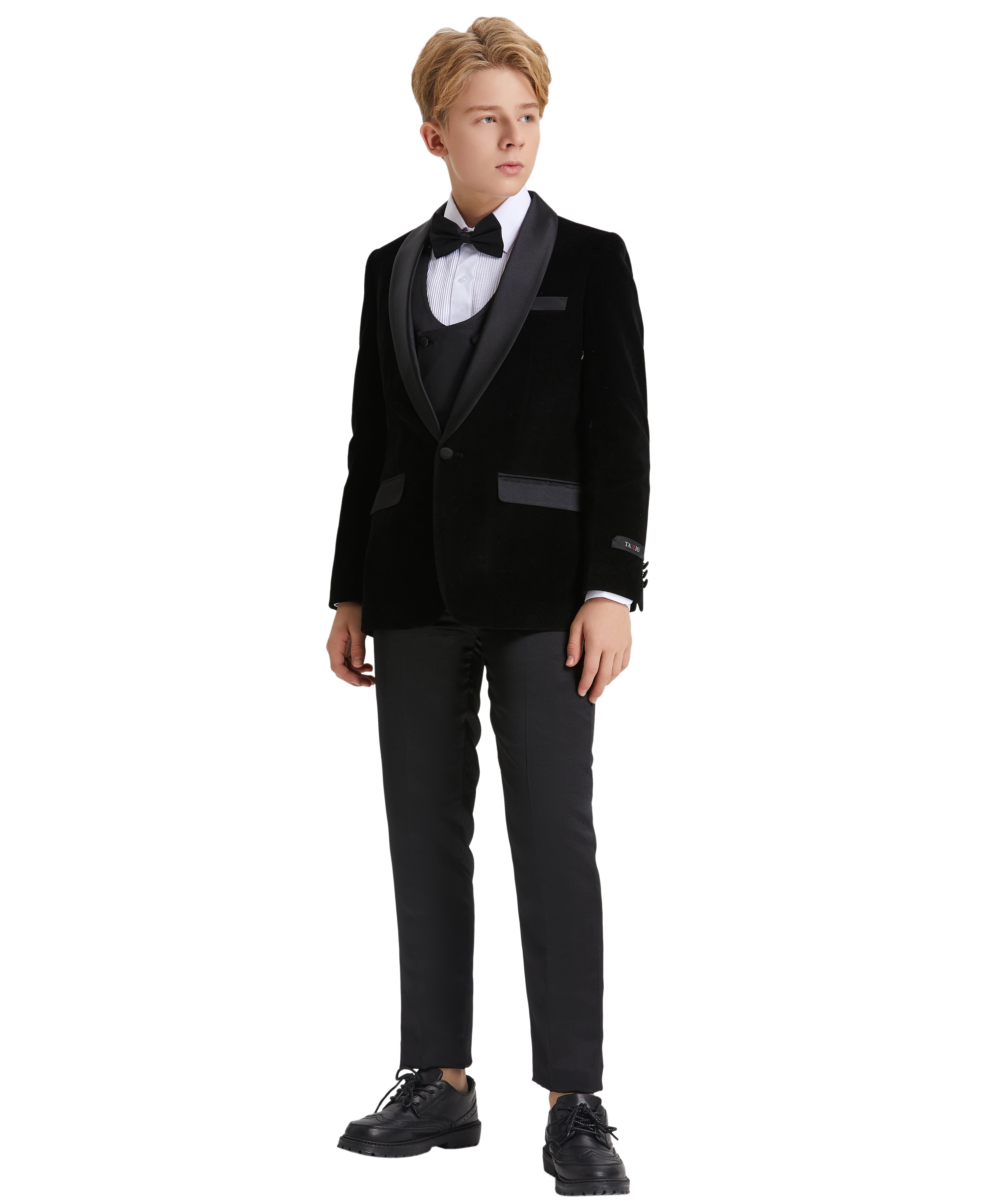 Tazzio Boys' Slim Fit Velvet Suit in Black for Formal Weddings
