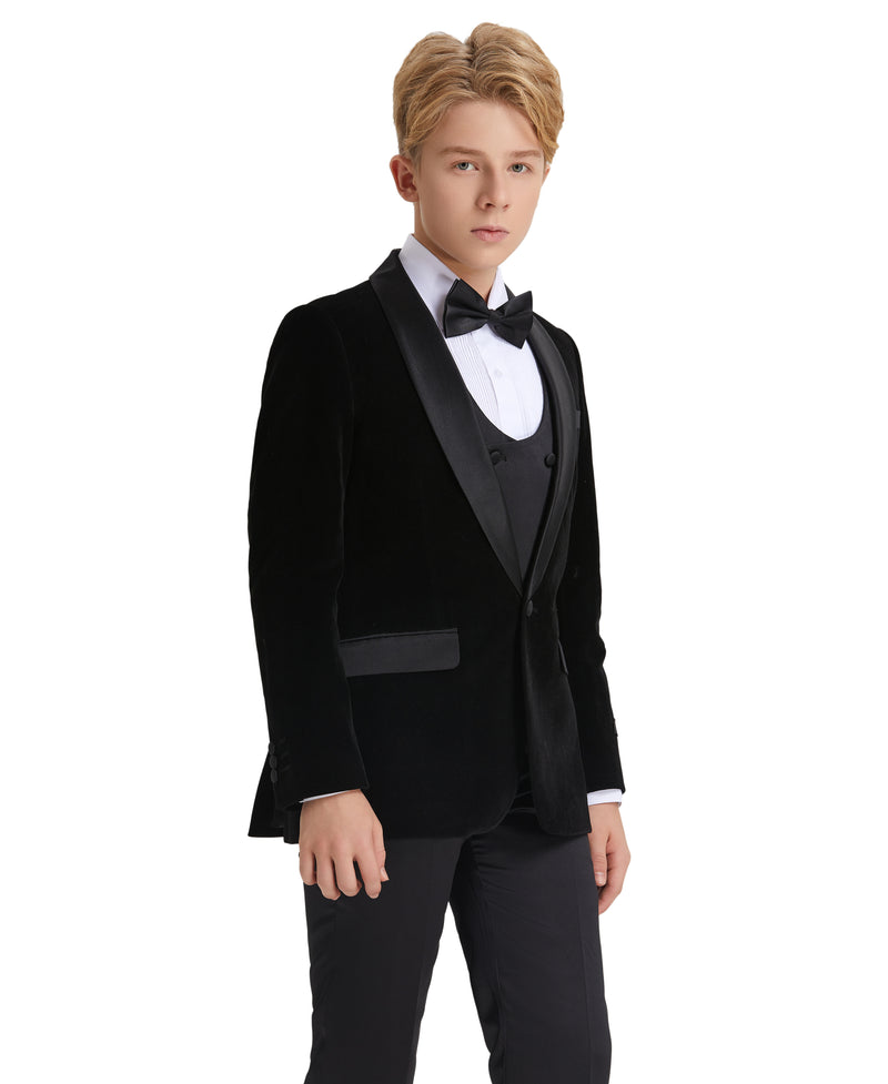 Tazzio Boys' Slim Fit Velvet Suit in Black for Formal Weddings