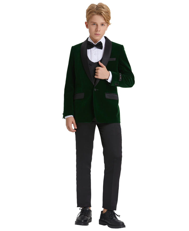 Tazzio Boys' Slim Fit Velvet Suit in Green for Christmas Parties