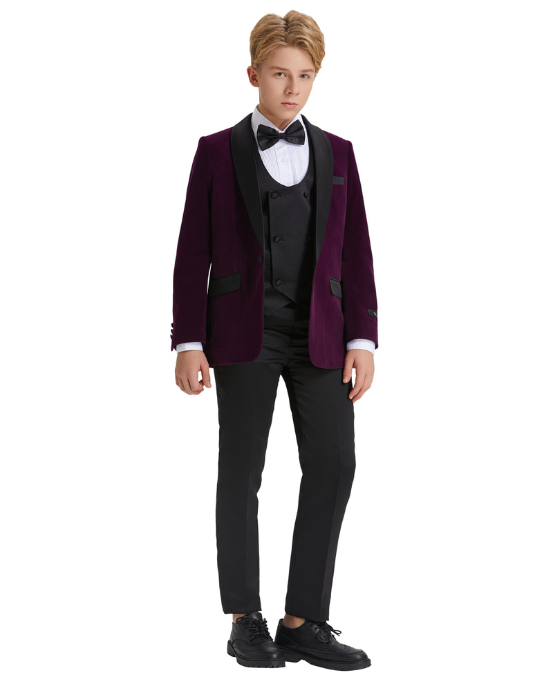 Tazzio Boys' Slim Fit Velvet Suit in Purple for Formal Galas