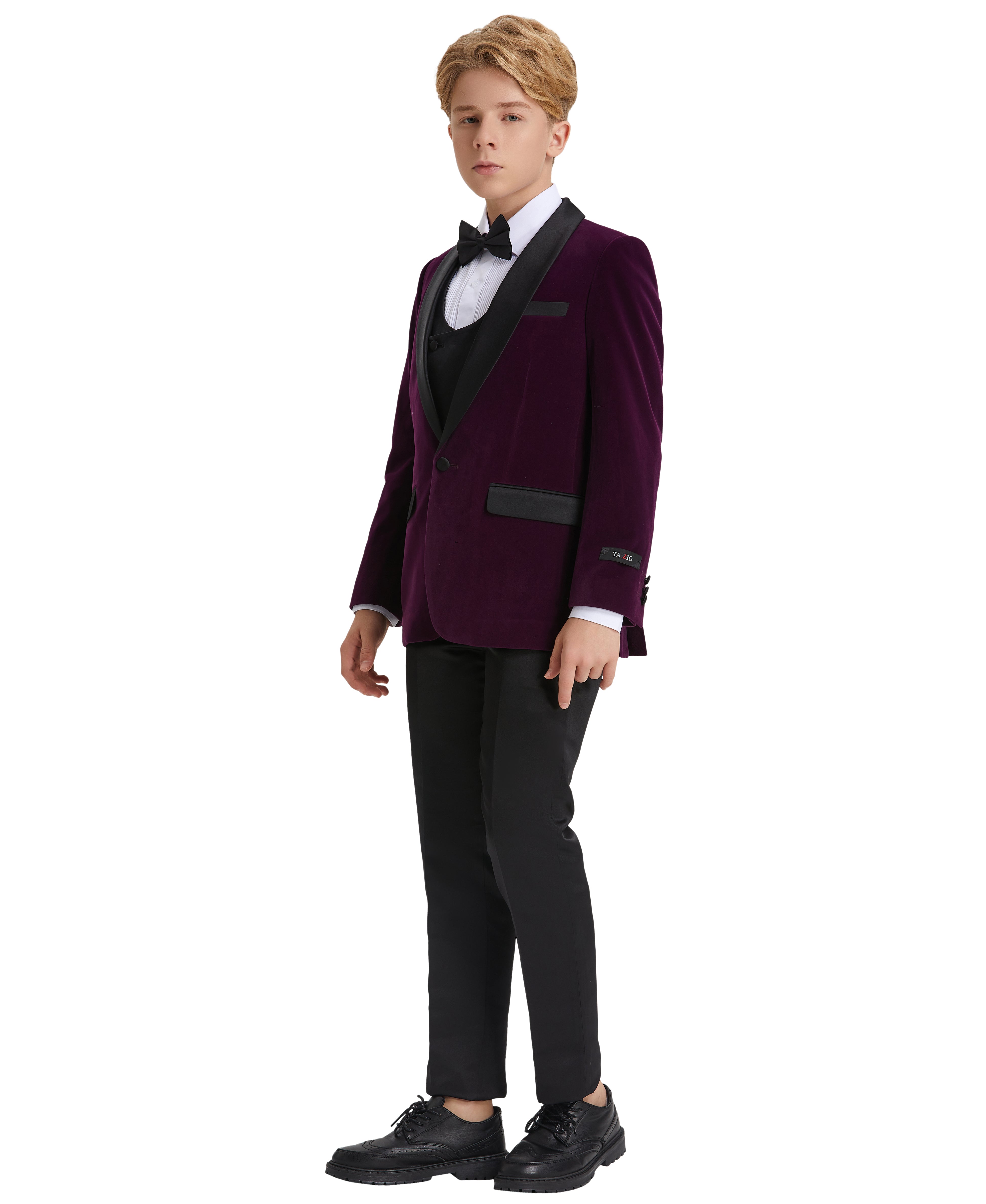 Tazzio Boys' Slim Fit Velvet Suit in Purple for Formal Galas