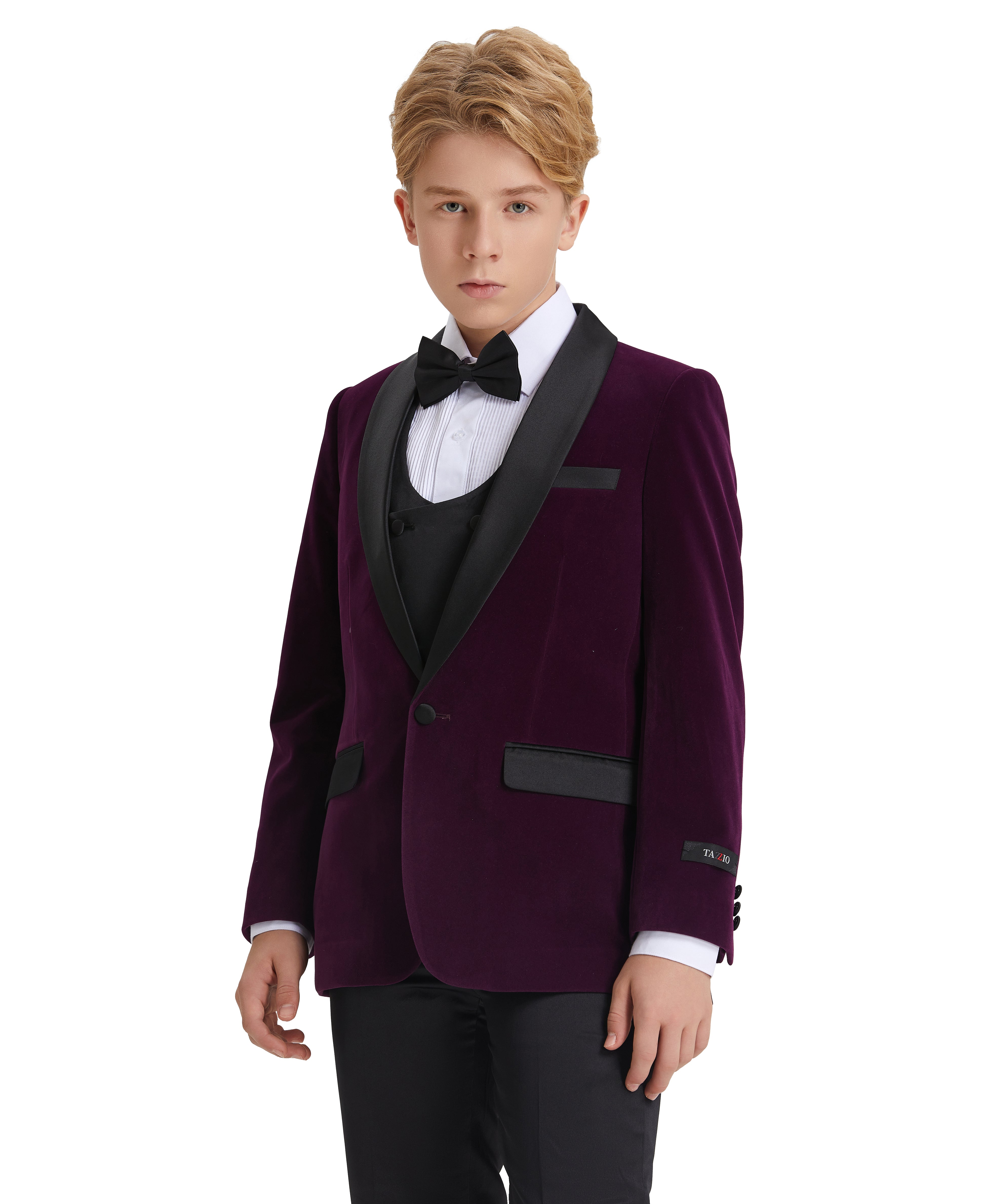 Tazzio Boys' Slim Fit Velvet Suit in Purple for Formal Galas