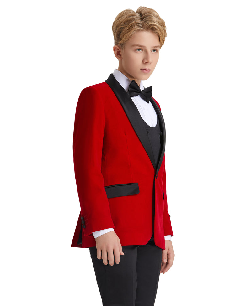 Tazzio Boys' Slim Fit Velvet Suit in Red for Holiday Gatherings