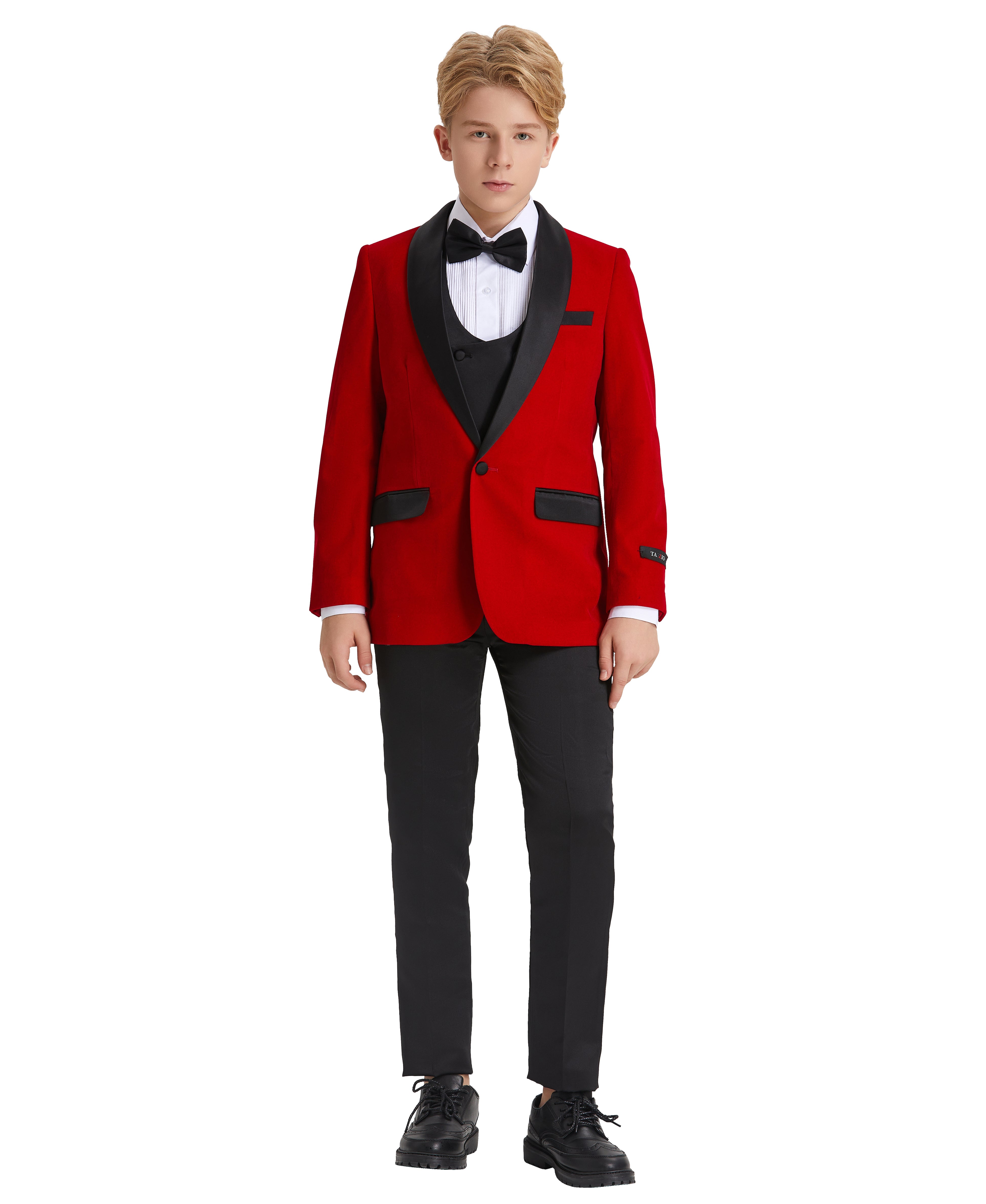 Tazzio Boys' Slim Fit Velvet Suit in Red for Holiday Gatherings
