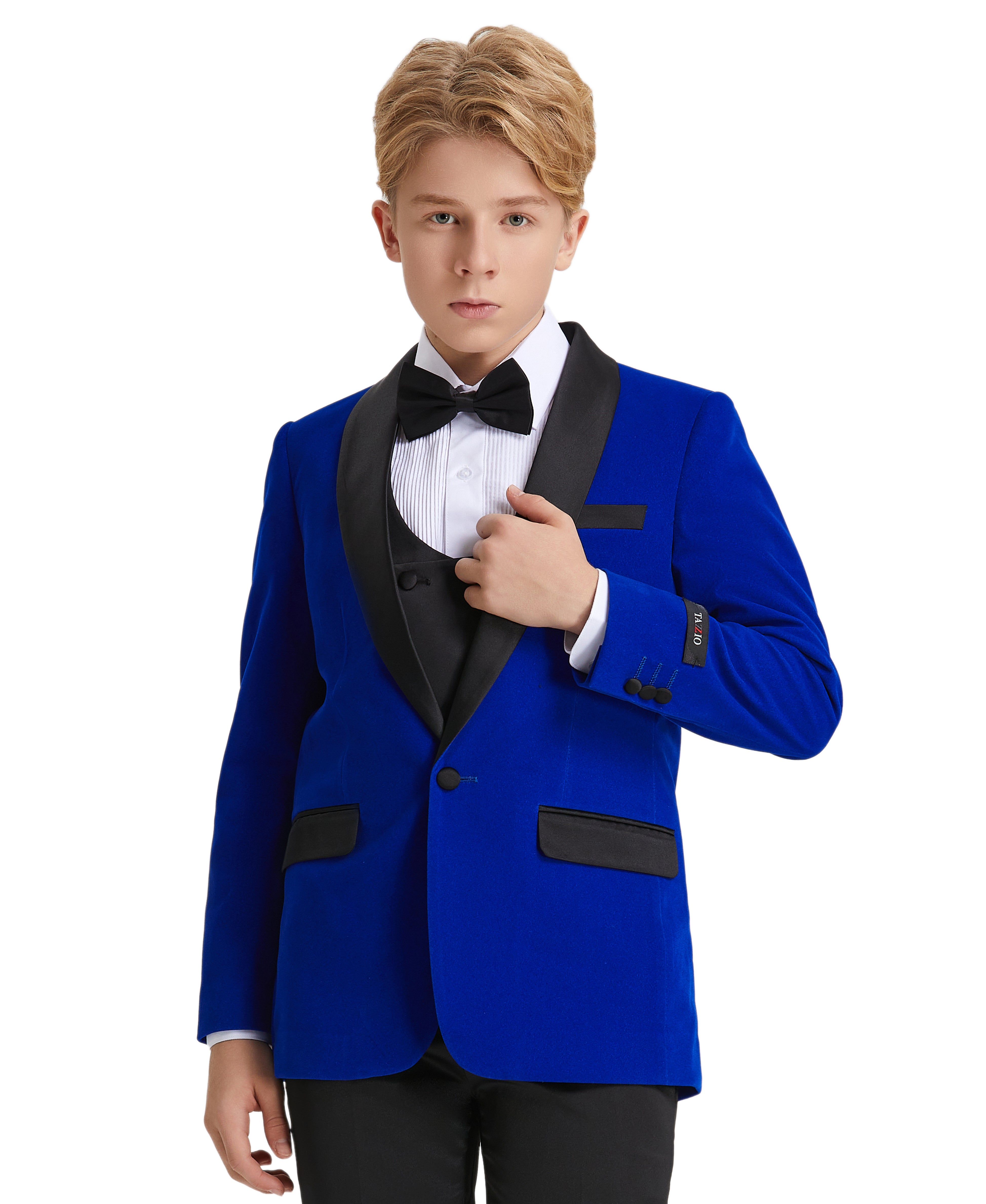 Tazzio Boys' Slim Fit Velvet Suit in Royal Blue for Special Family Occasions