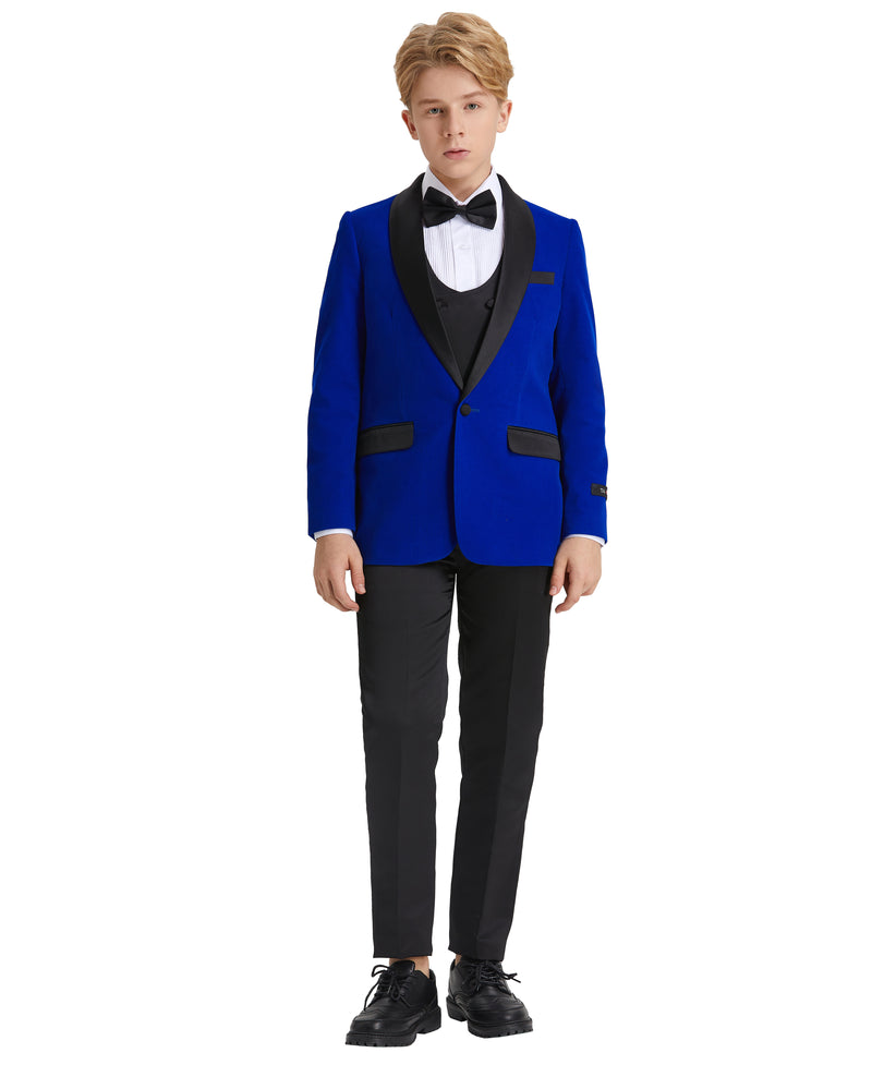 Tazzio Boys' Slim Fit Velvet Suit in Royal Blue for Special Family Occasions