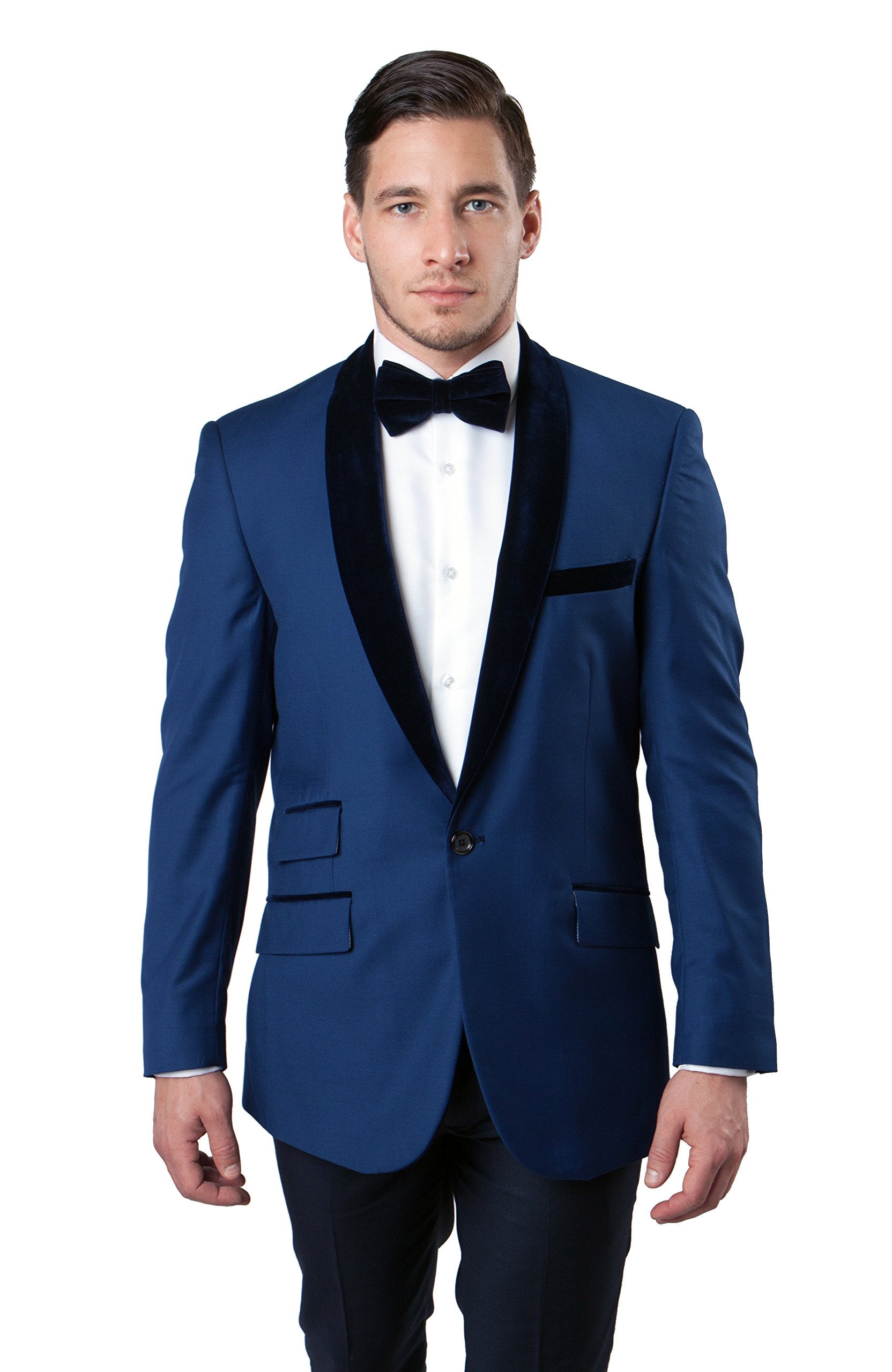 Tazzio Men's Slim Fit Velvet Shawl Lapel Tuxedo Jacket in Blue for Black-Tie Galas