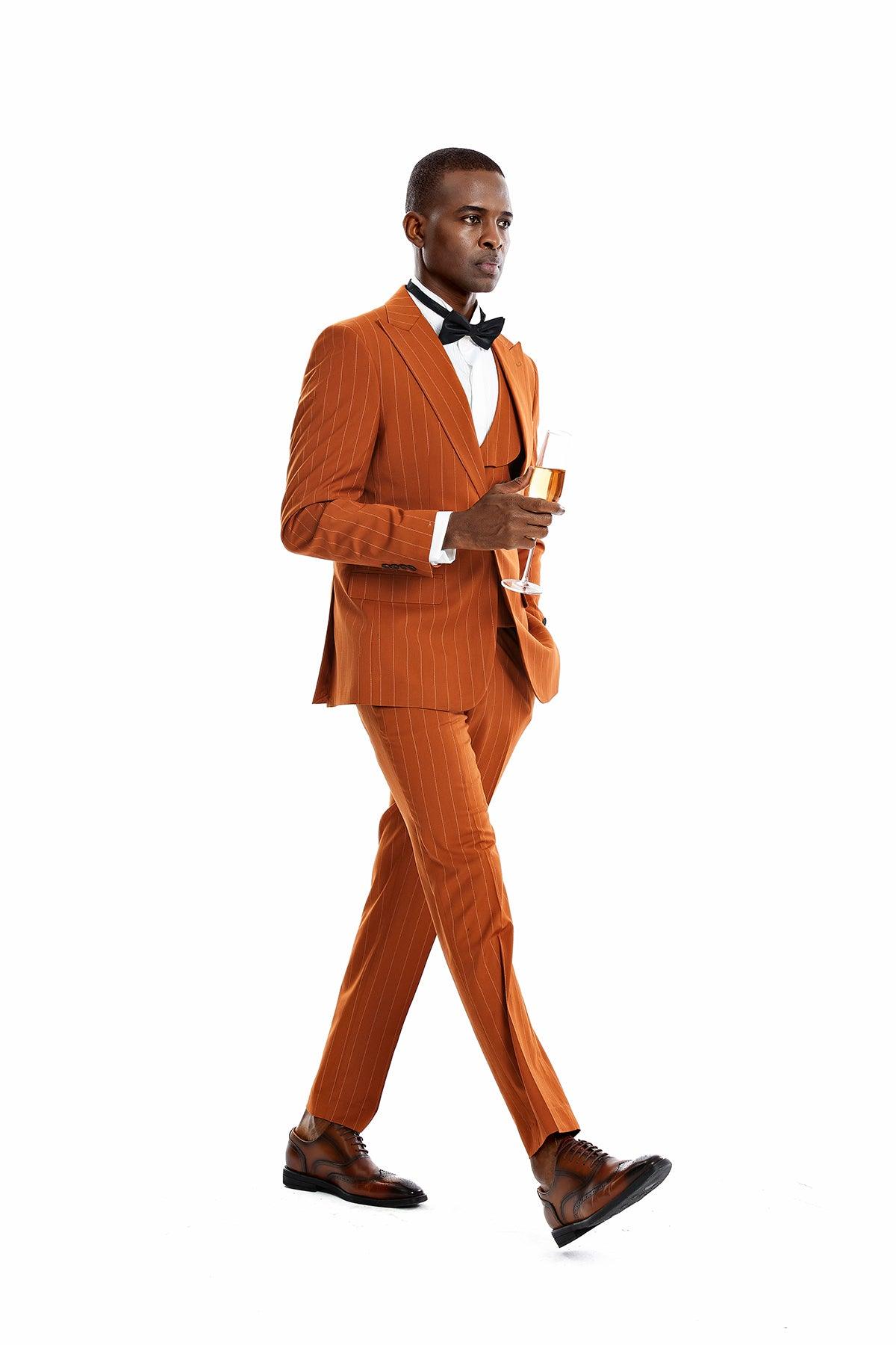 Tazio Skinny Fit Pinstriped Suit, Terracotta Burnt Orange - Julinie