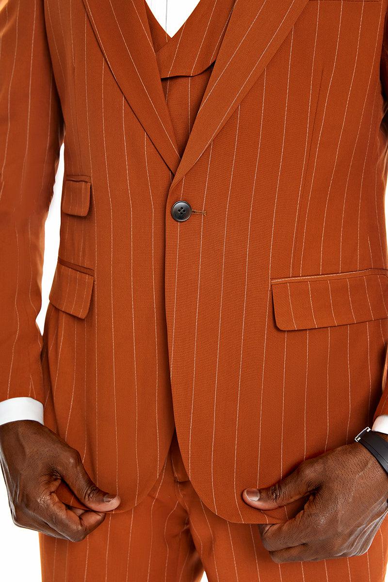 Tazio Skinny Fit Pinstriped Suit, Terracotta Burnt Orange - Julinie