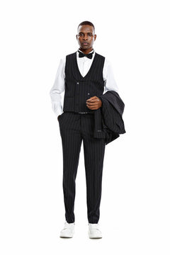 Tazio Skinny Fit Pinstriped Suit, Black - Julinie