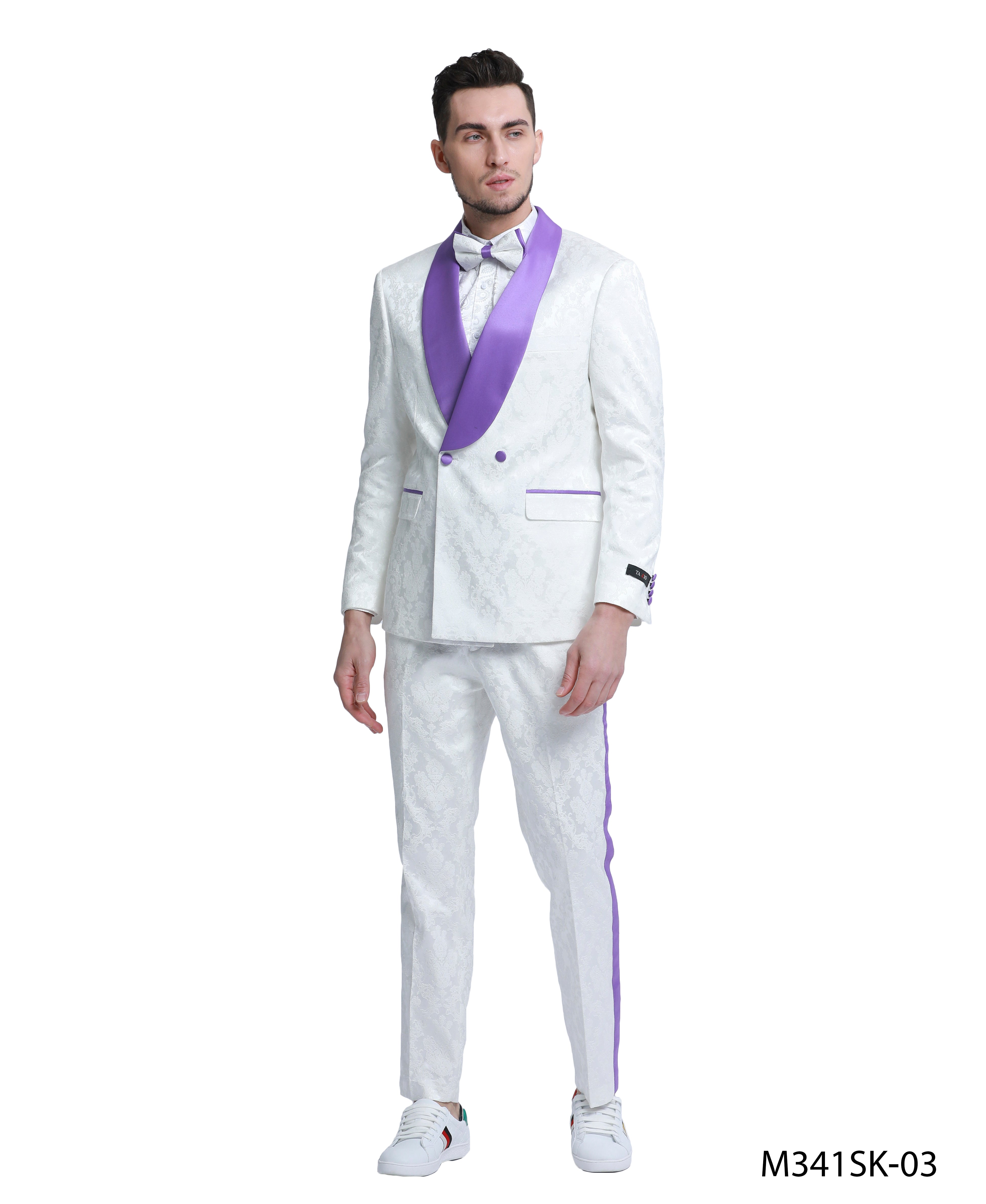 Tazio Paisley Skinny Fit Shawl Collar Suit, White & Purple