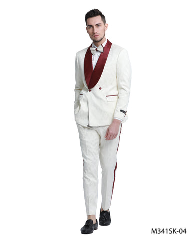 Tazio Paisley Skinny Fit Shawl Collar Suit, White & Burgundy